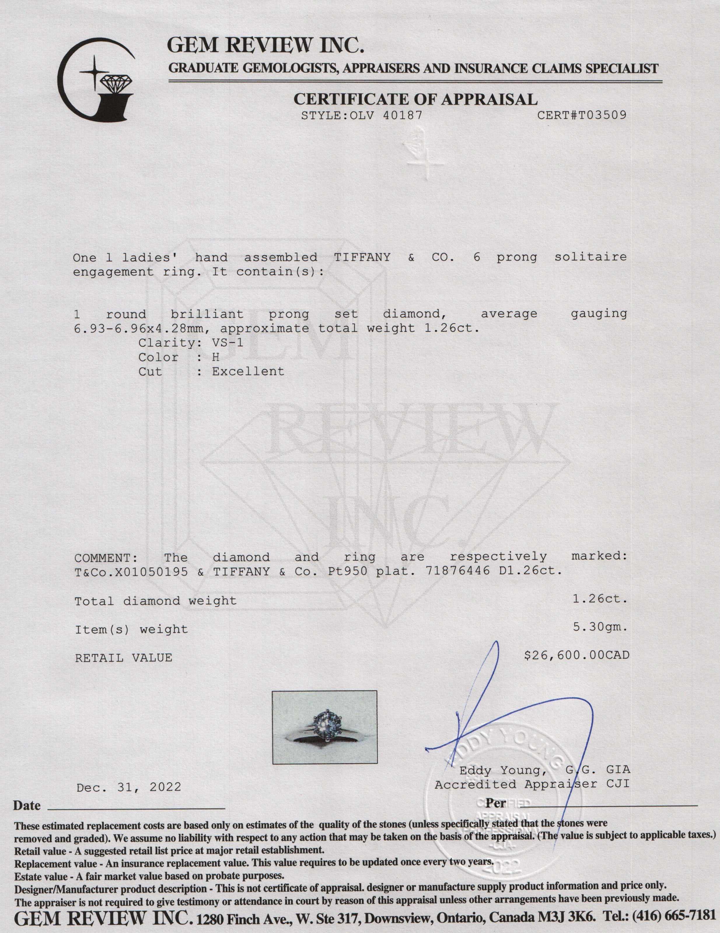 Tiffany & Co. Solitaire 1.26 ct. Diamond Engagement Ring w/ Box & Papers