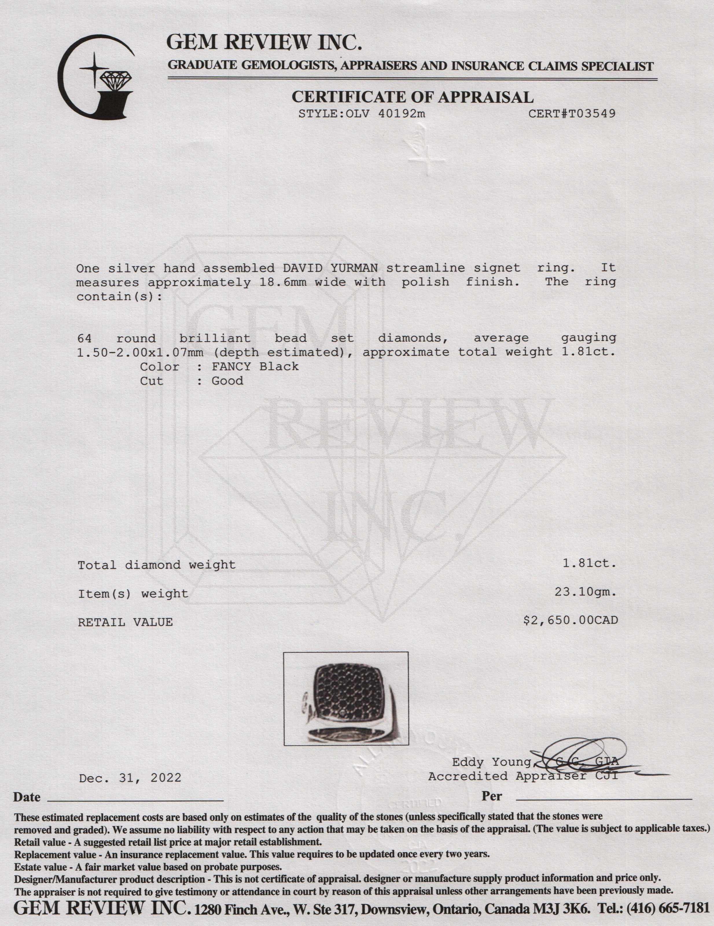 David Yurman Streamline Signet Ring with Pave Black Diamonds