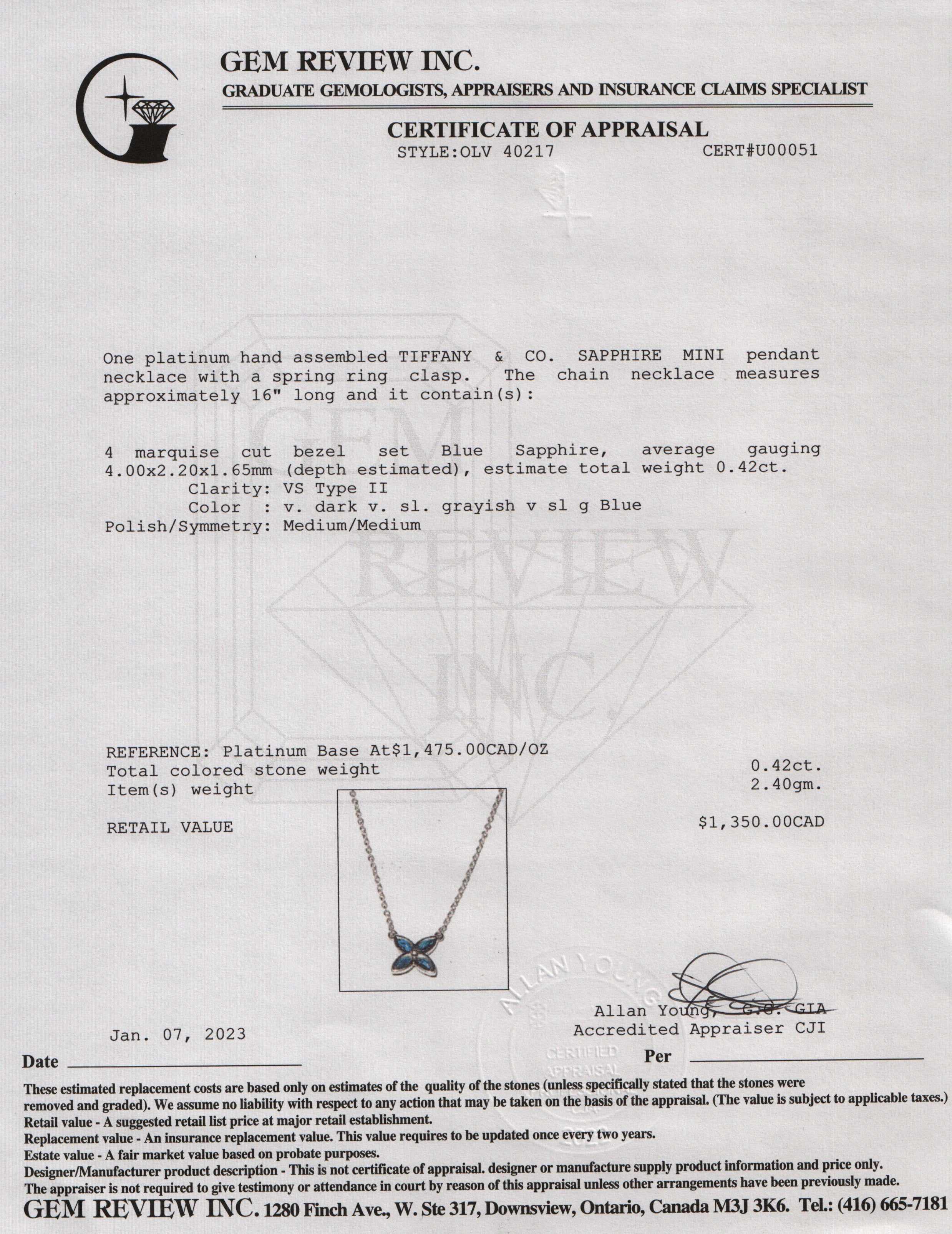 Tiffany & Co. Platinum Sapphire Pendant Necklace
