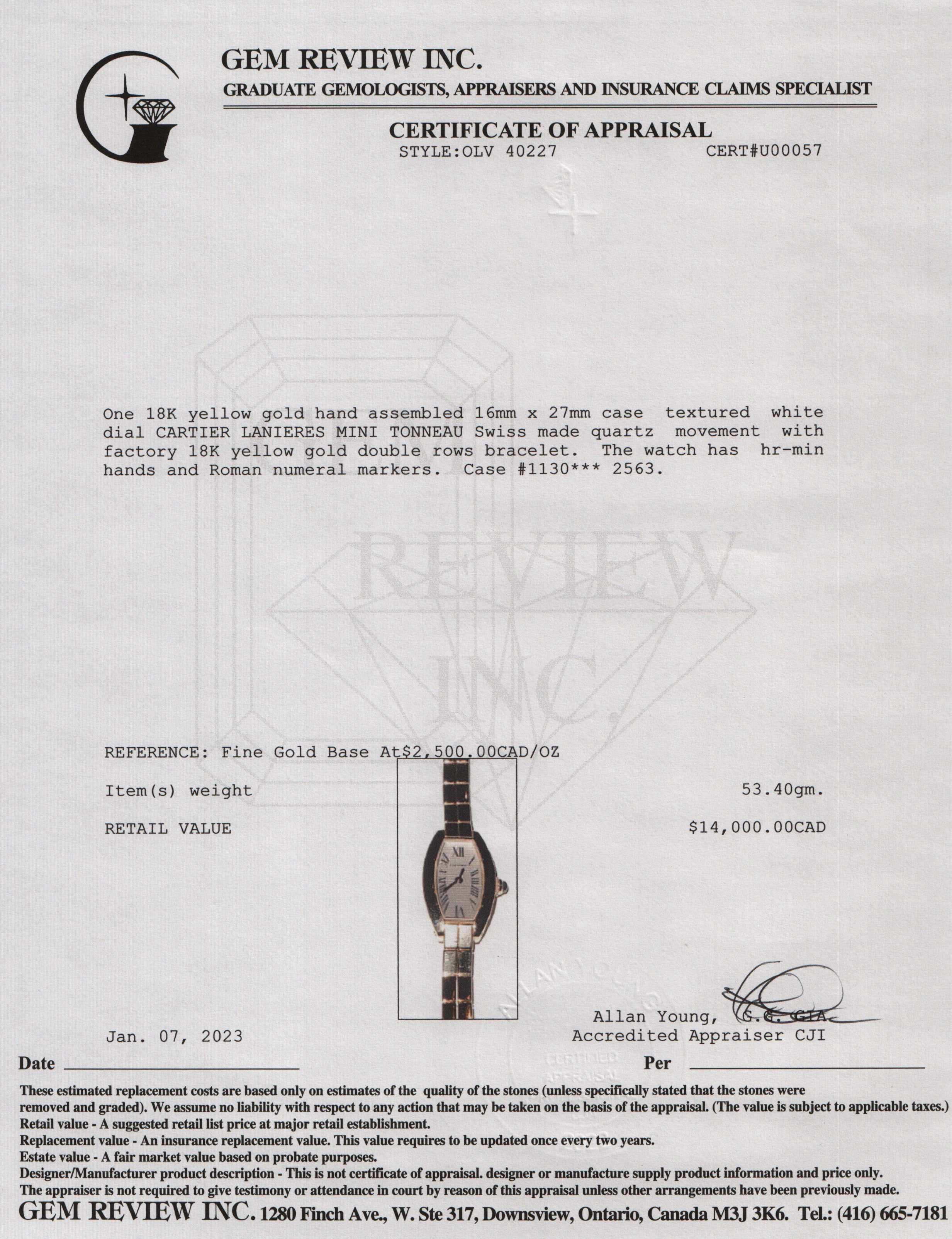 Cartier 18k Gold Lanieres Mini Tonneau Watch