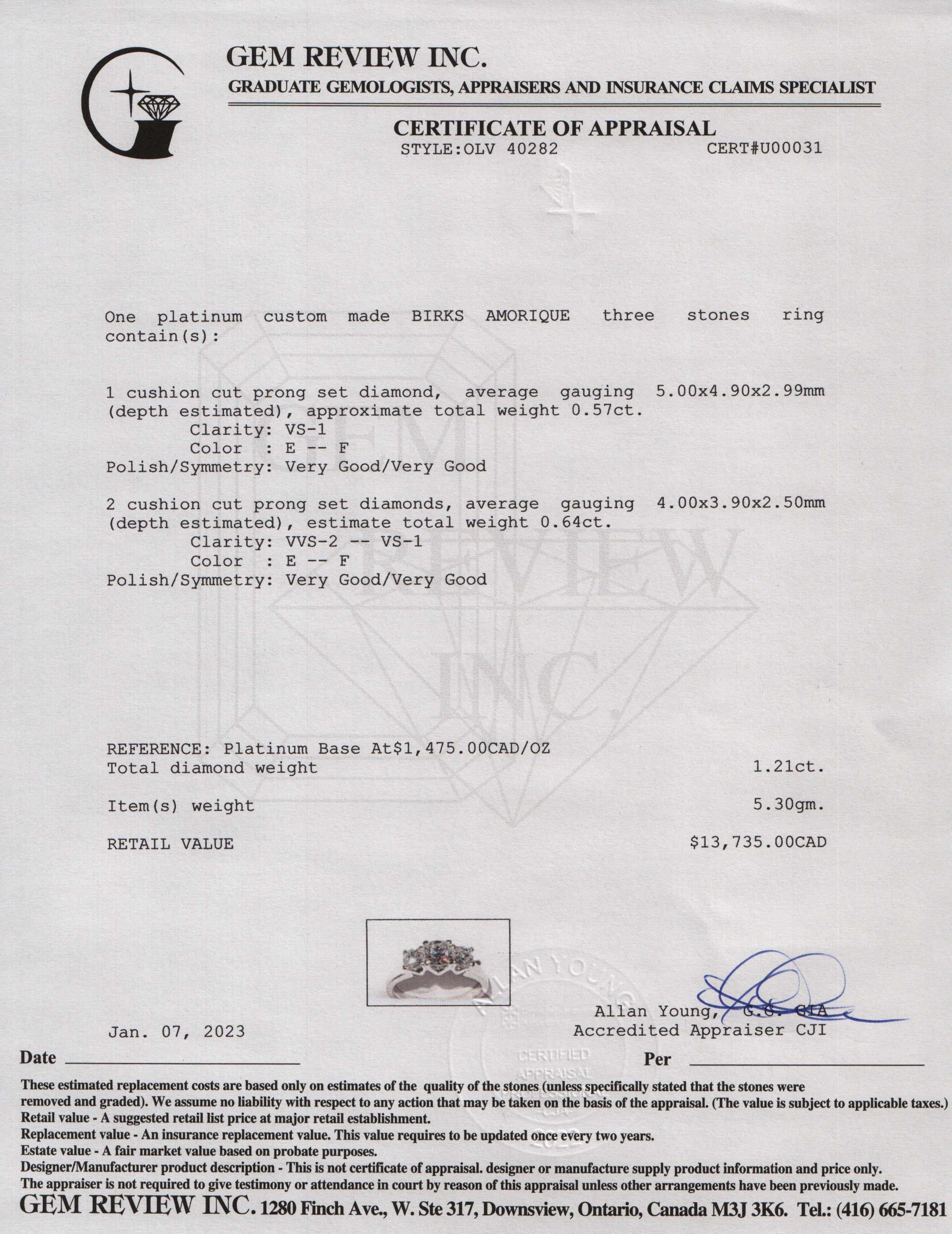 Birks Amorique Platinum Three Stone Diamond Ring