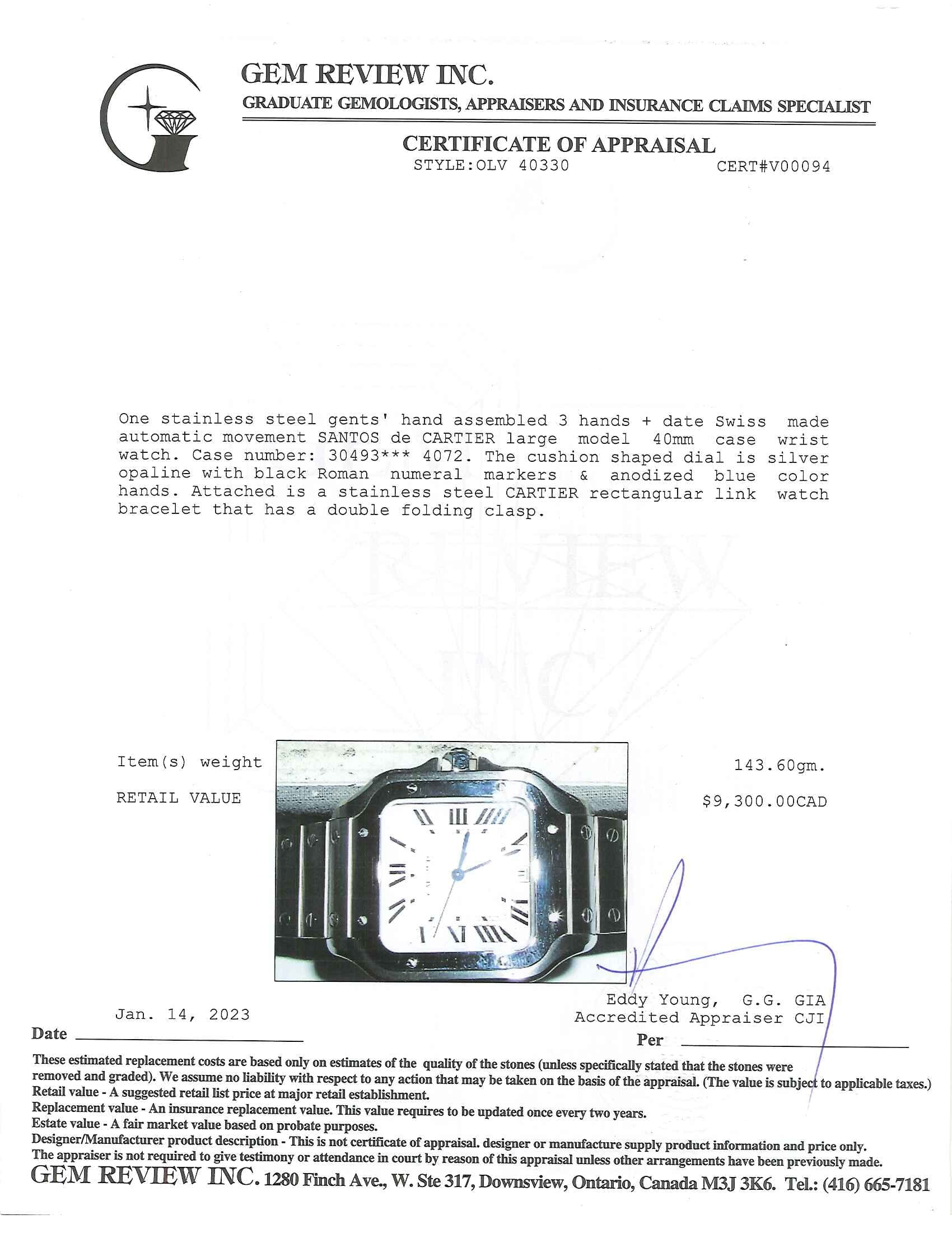 Cartier Santos de Cartier Watch, Large Model w/ Box & Papers