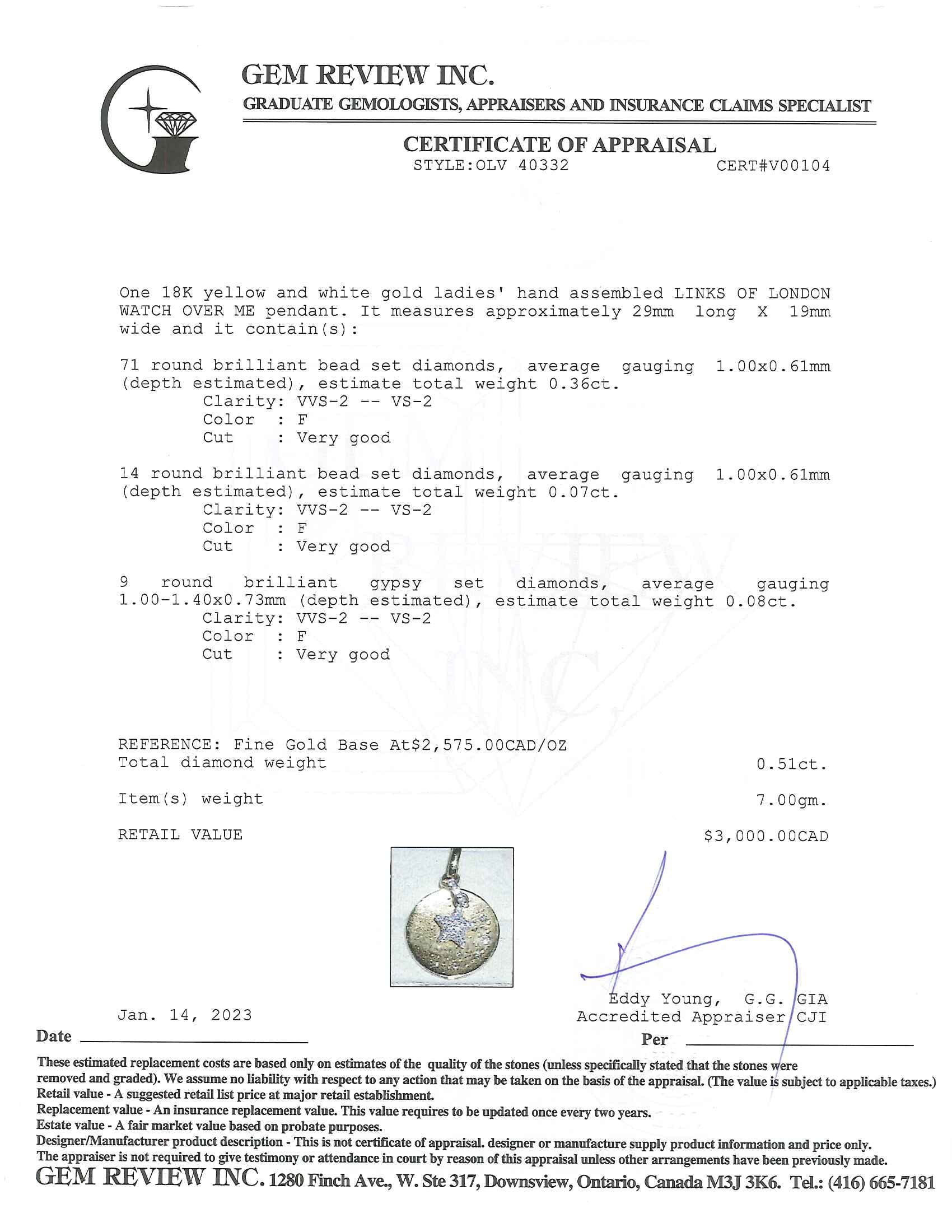 Links of London 18k Gold Diamond Watch Over Me Pendant w/ Box