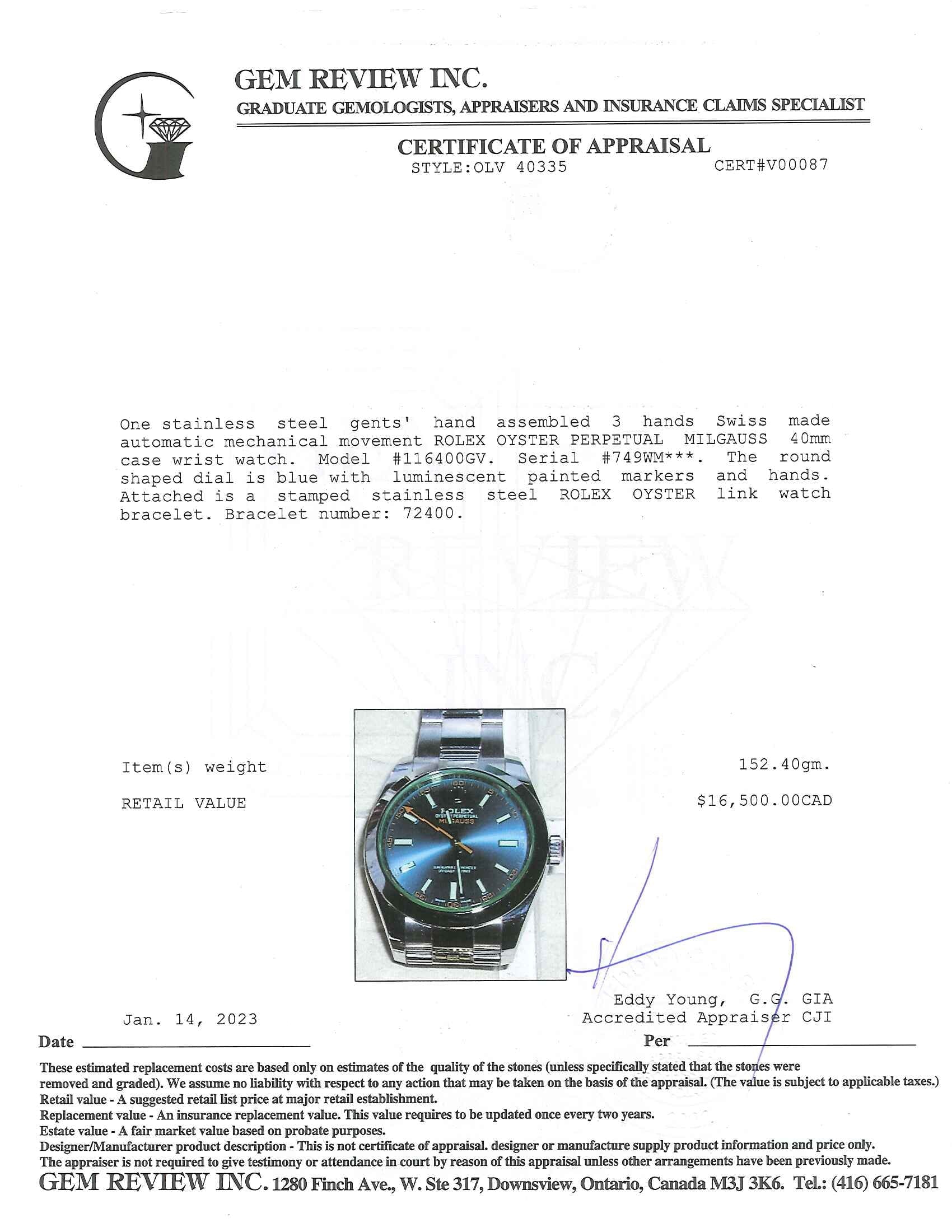 Rolex Oyster Perpetual Milgauss Watch w/ Box & Papers