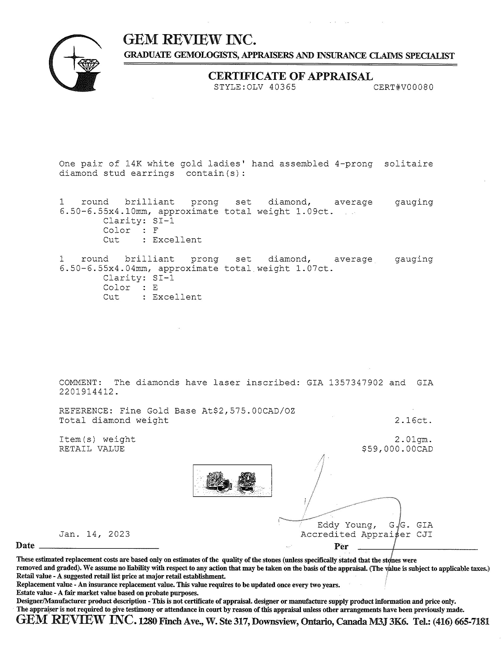 2.16 tcw. Diamond Stud Earrings w/ GIA Certificate
