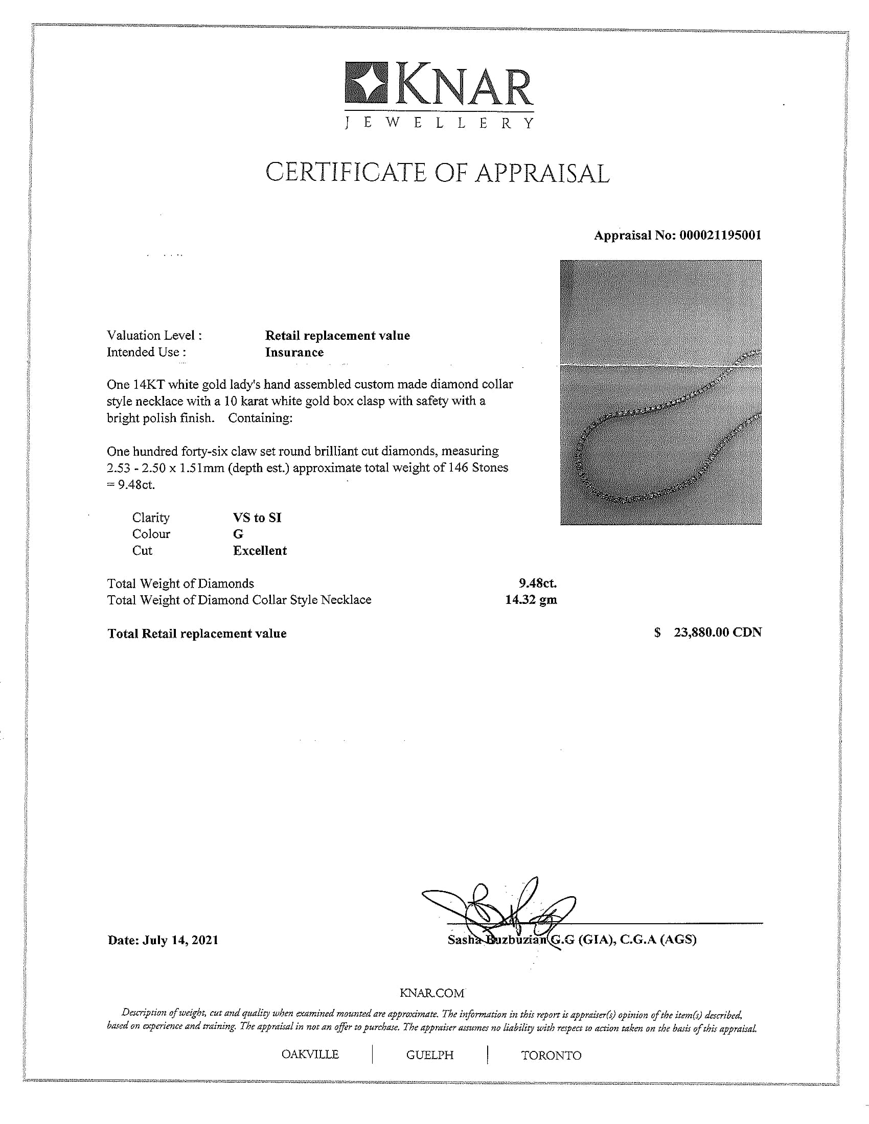 14k White Gold 9.48 tcw. Diamond Tennis Necklace