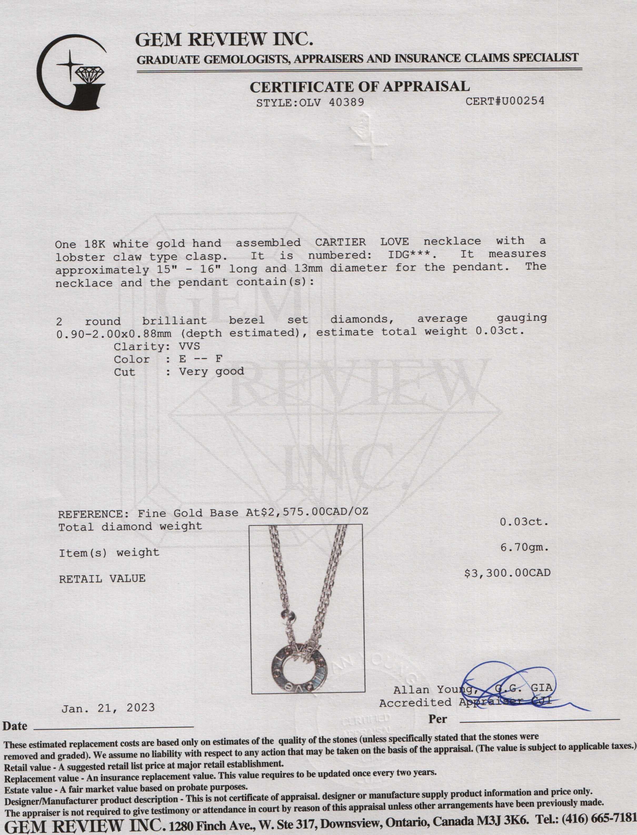 Cartier 18k White Gold Love Necklace with 2 Diamonds w/ Box & Certificate