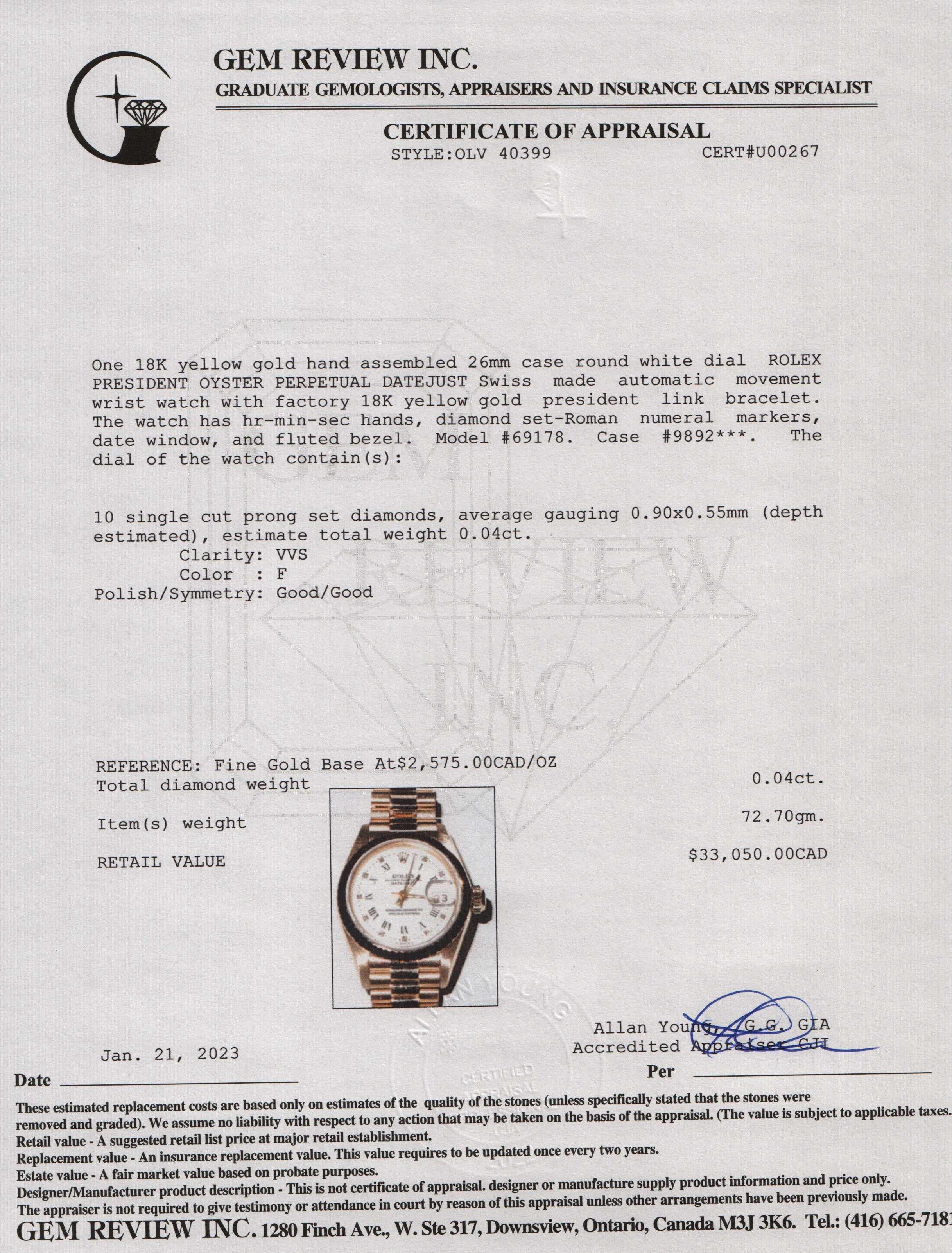 Rolex 18k Gold Lady-Datejust President Watch w/ Diamond Dial