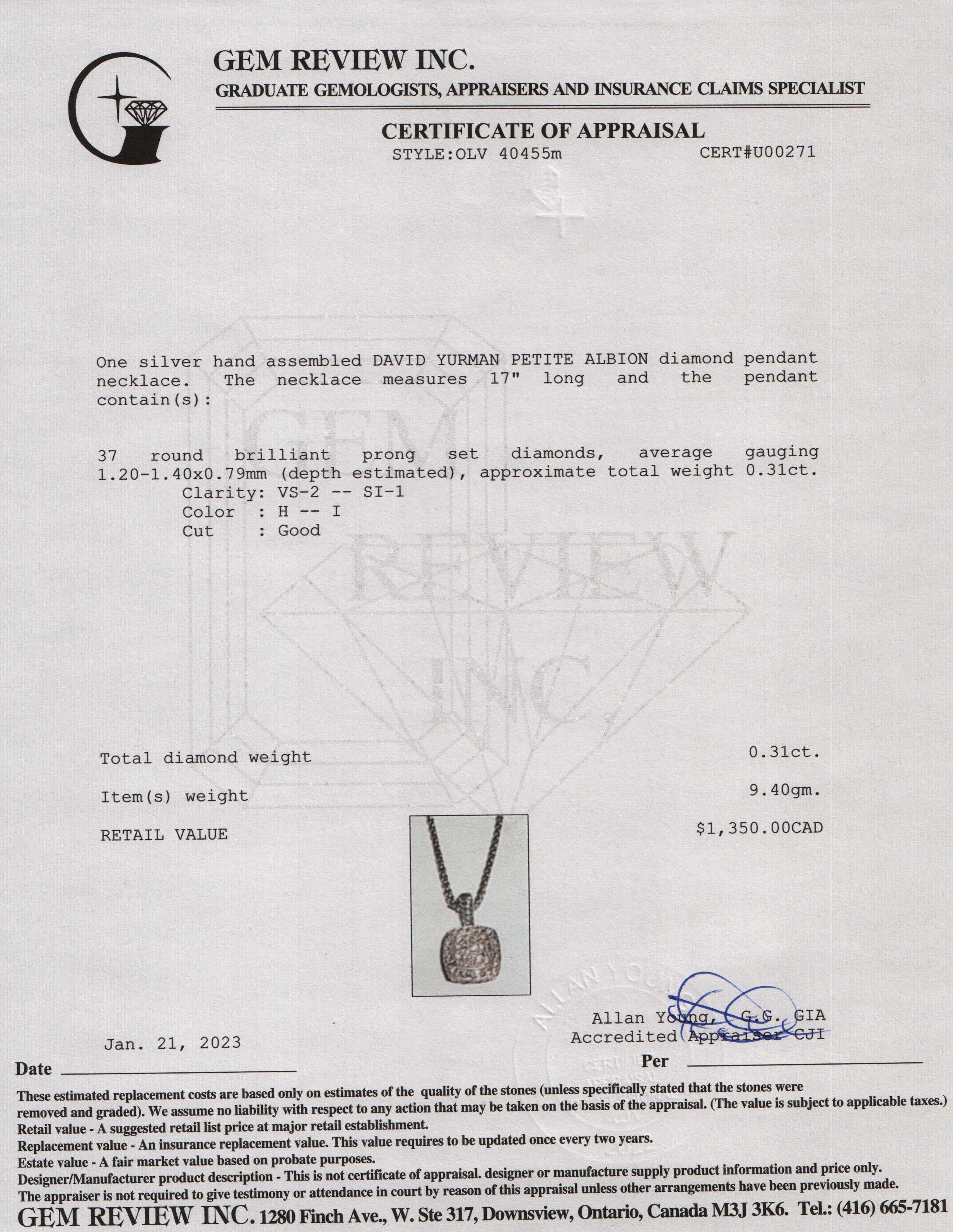 David Yurman Petite Albion Diamond Pendant Necklace