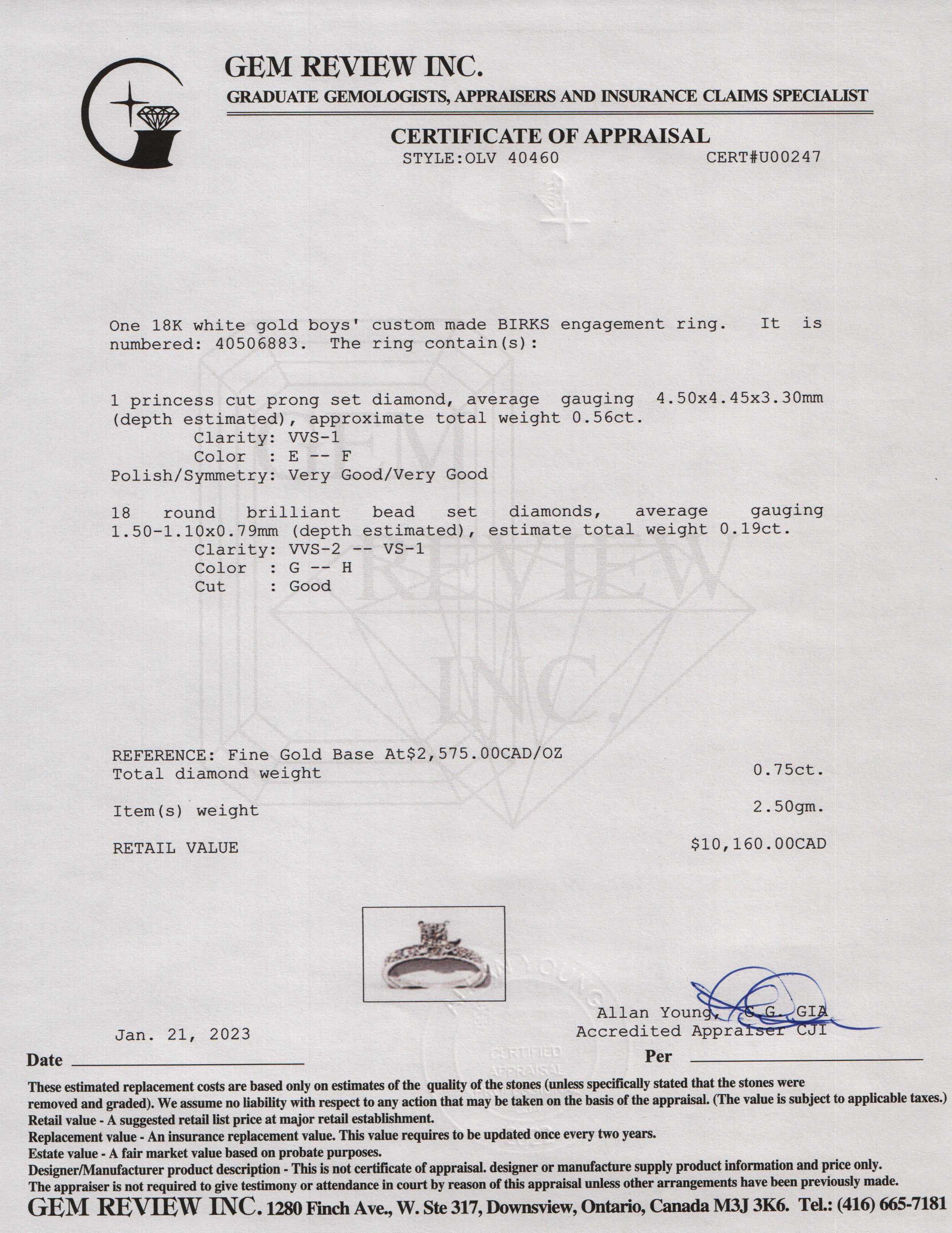 Birks 18k White Gold Princess Cut Diamond Engagement Ring