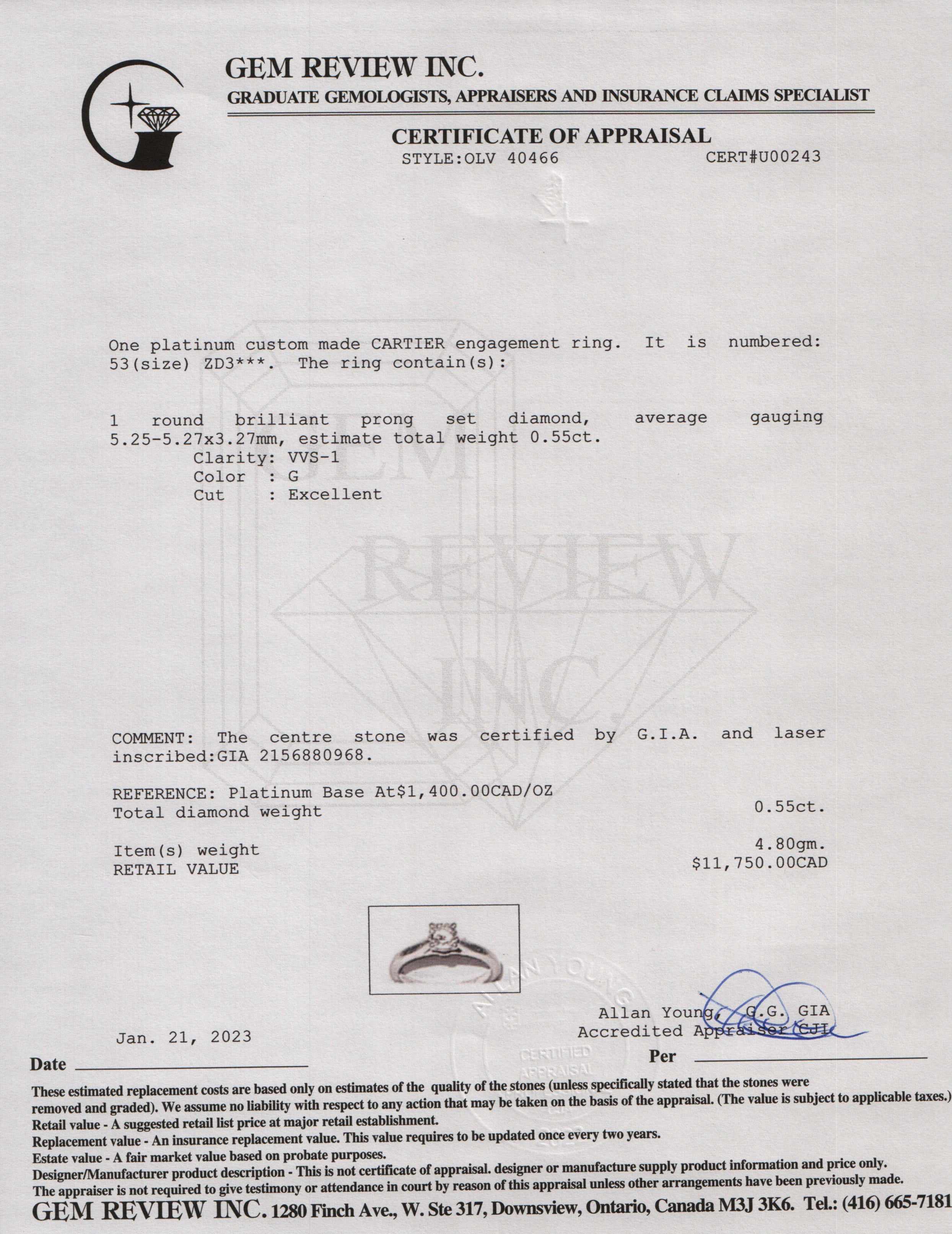 Cartier Platinum 0.55 ct. Diamond Solitaire Engagement Ring