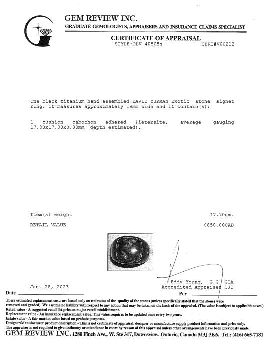 David Yurman Black Titanium Exotic Stone Signet Ring with Pietersite