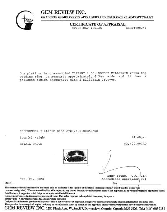 Tiffany & Co. Platinum Classic Milgrain Wedding Band Ring