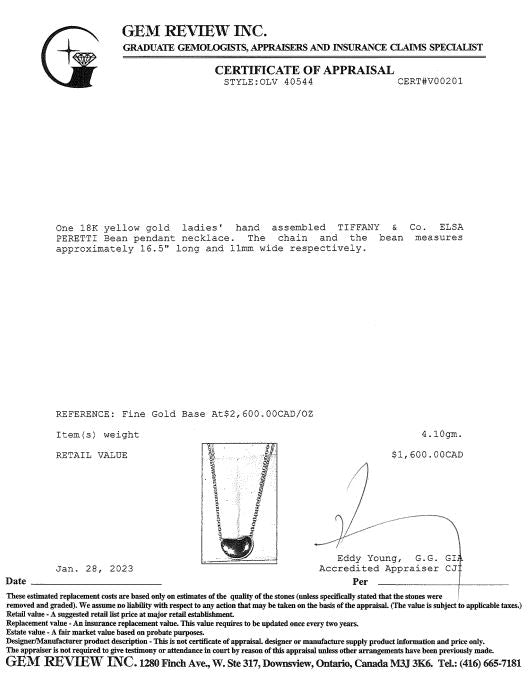 Tiffany & Co. Elsa Peretti 18k Gold Bean Pendant Necklace