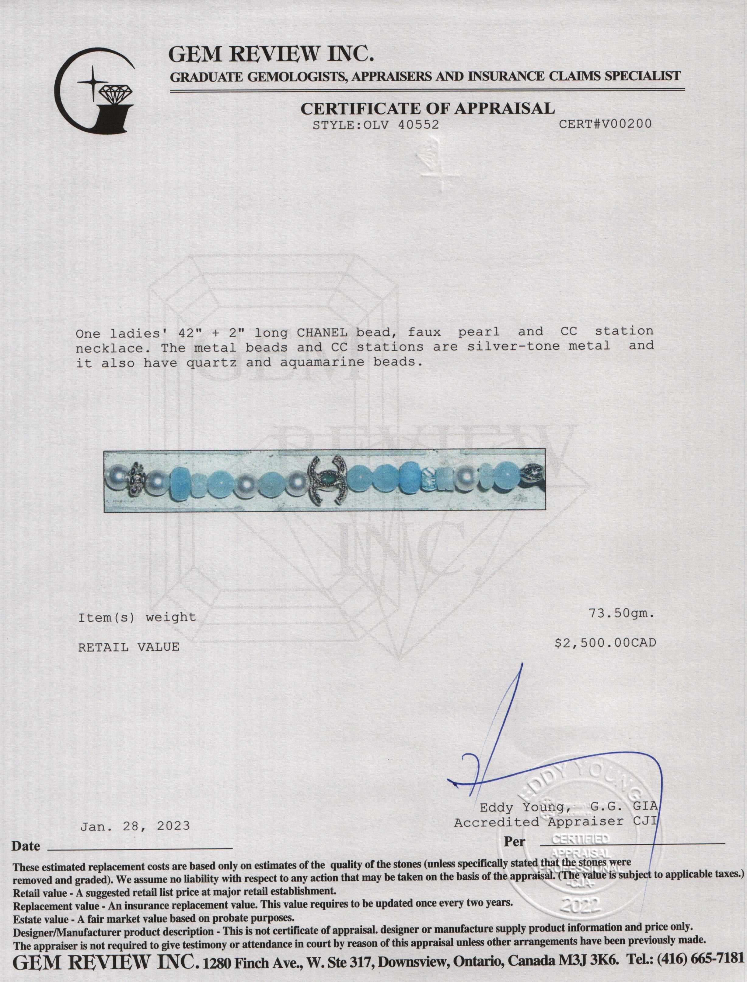 Chanel Aquamarine & Quartz Bead, Faux Pearl & CC Station Necklace w/ Box