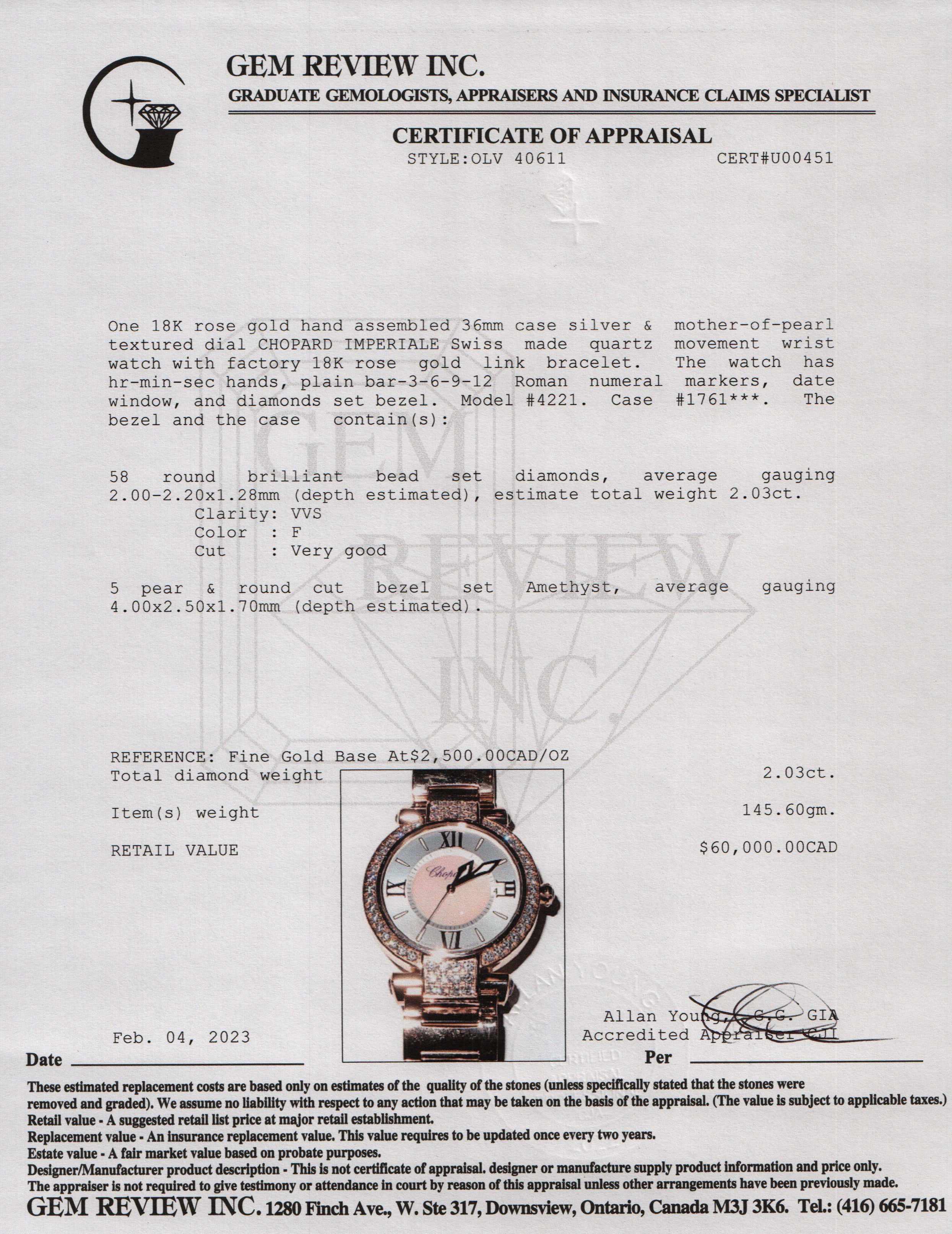 Chopard 18k Rose Gold & Diamond Imperiale Watch w/ Box & Papers