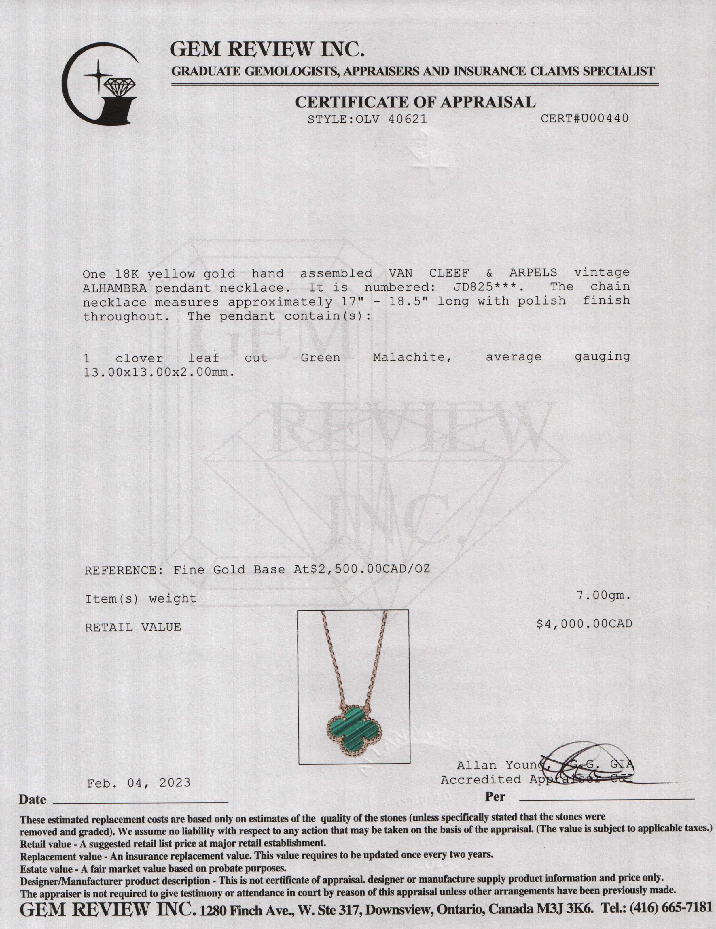 Van Cleef & Arpels Vintage Alhambra Malachite Pendant Necklace w/ Box & Papers