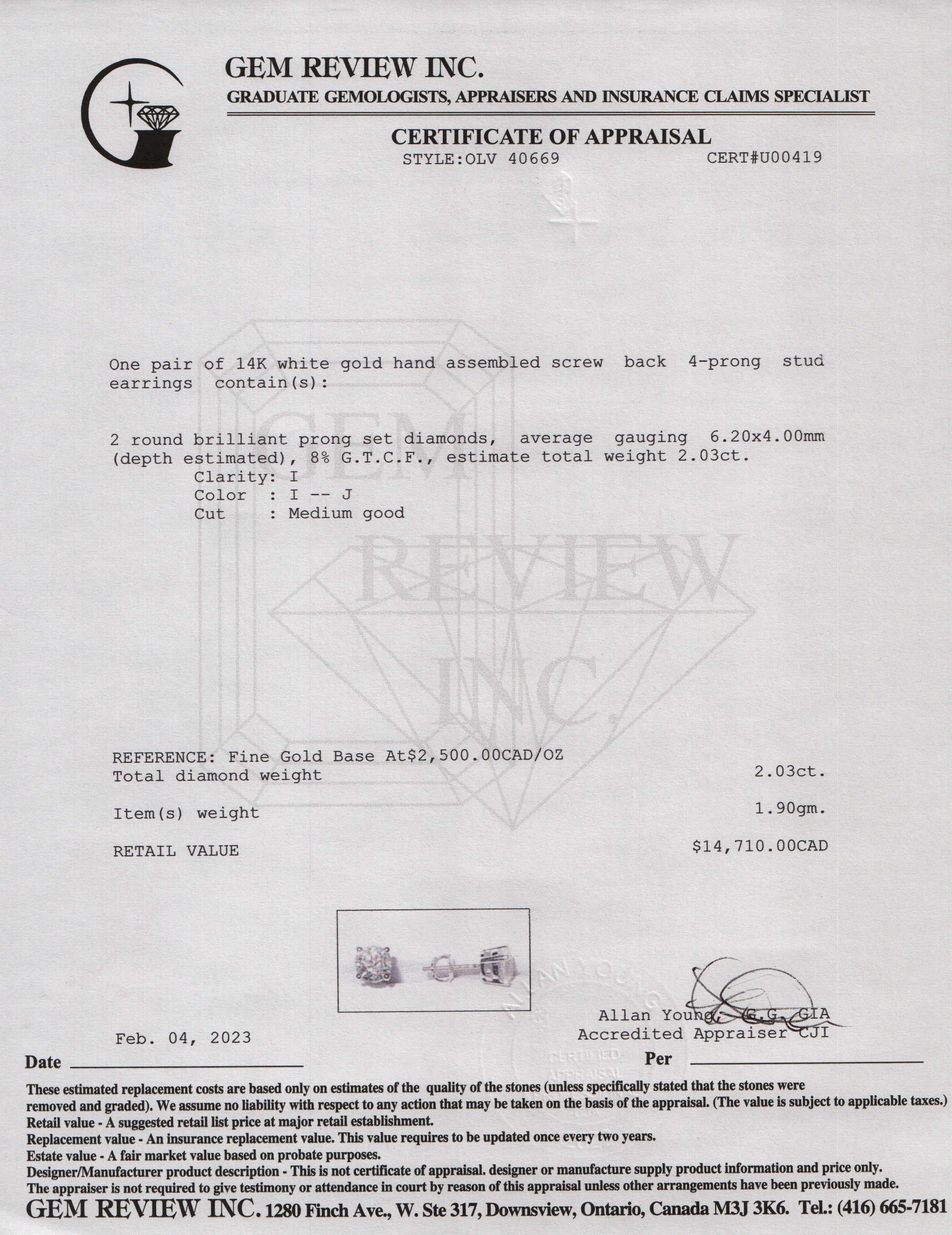 14k White Gold 2.03 tcw. Diamond Stud Earrings