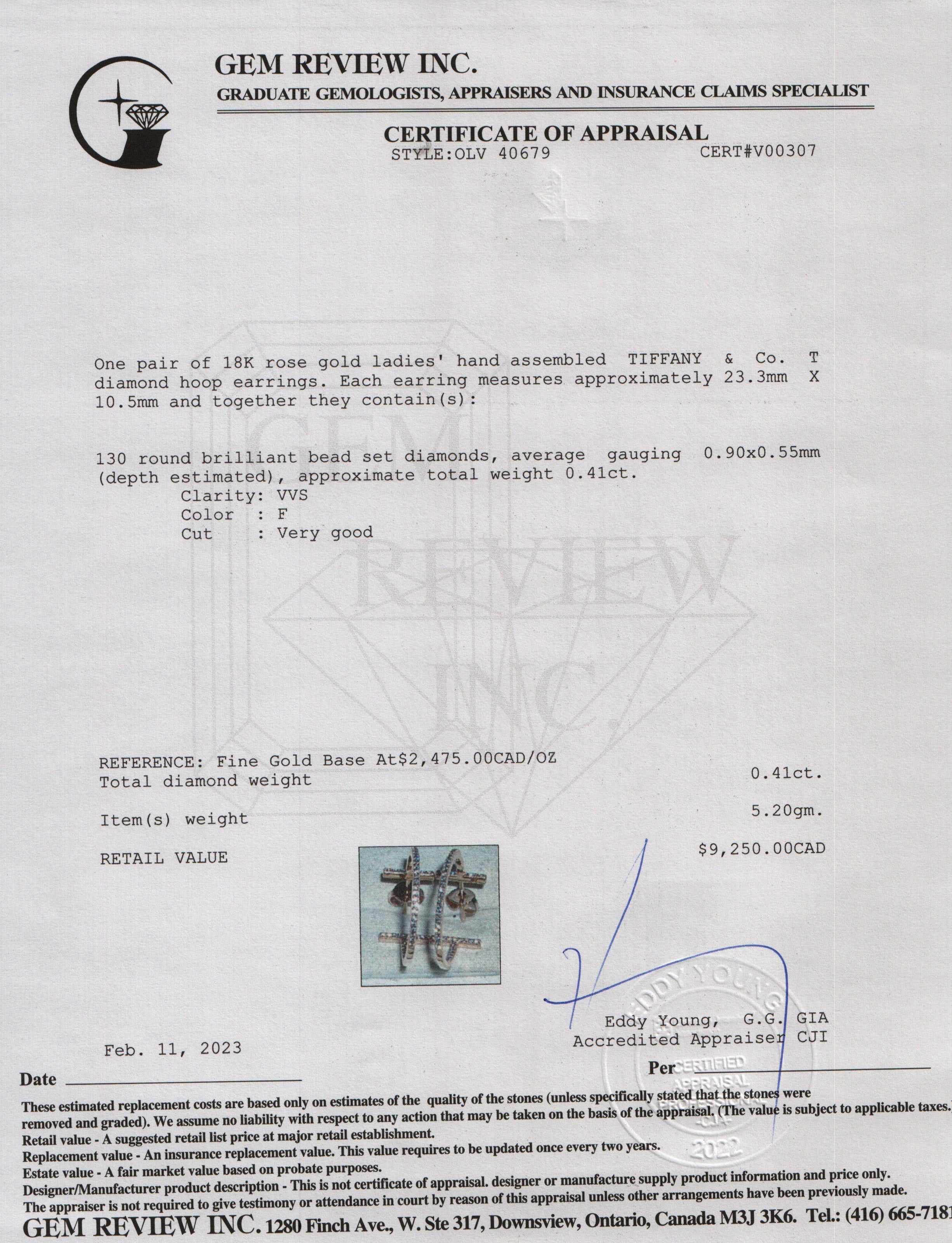 Tiffany & Co. 18k Rose Gold T Diamond Hoop Earrings w/ Box