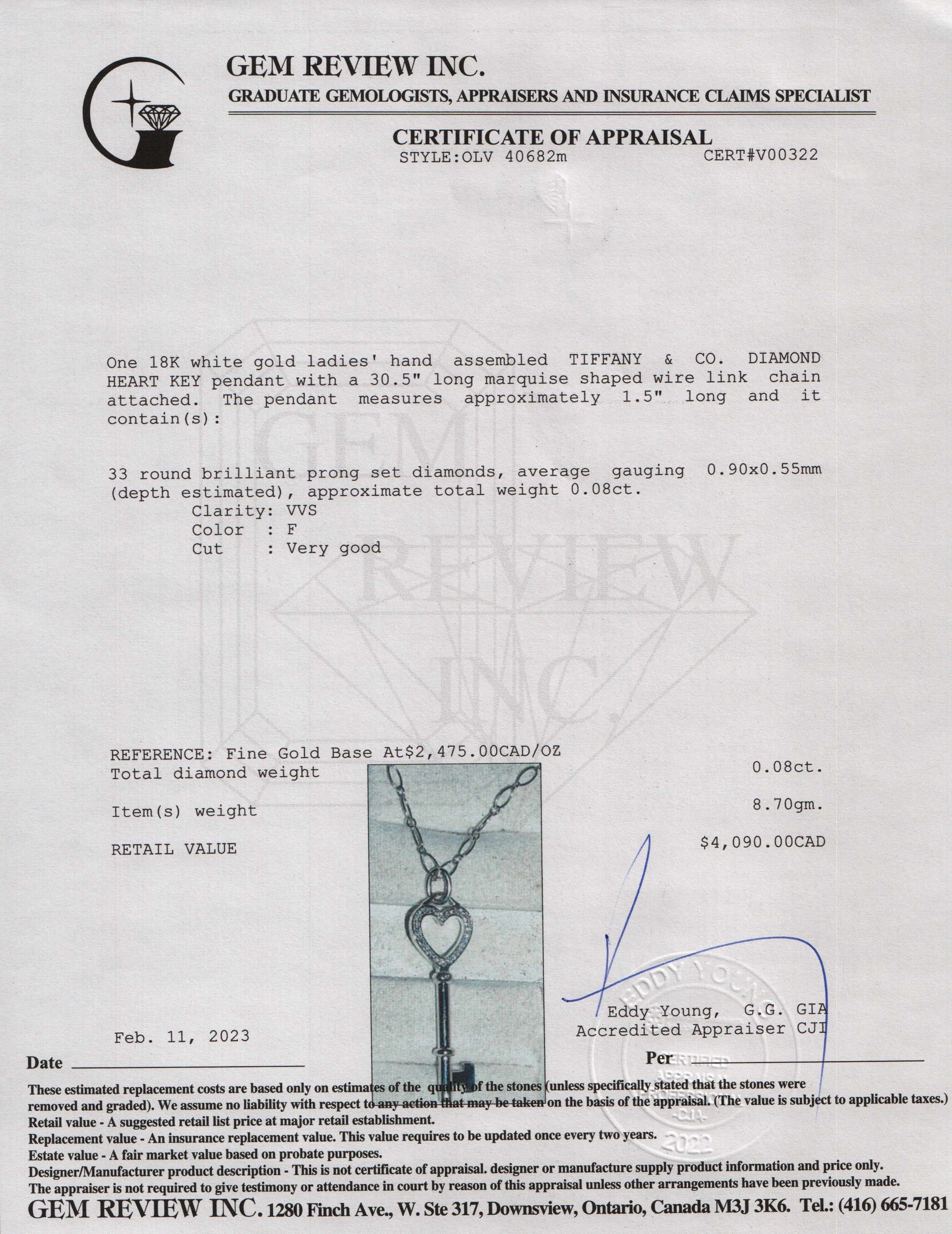 Tiffany & Co. 18k White Gold Diamond Heart Key Pendant Necklace w/ Box