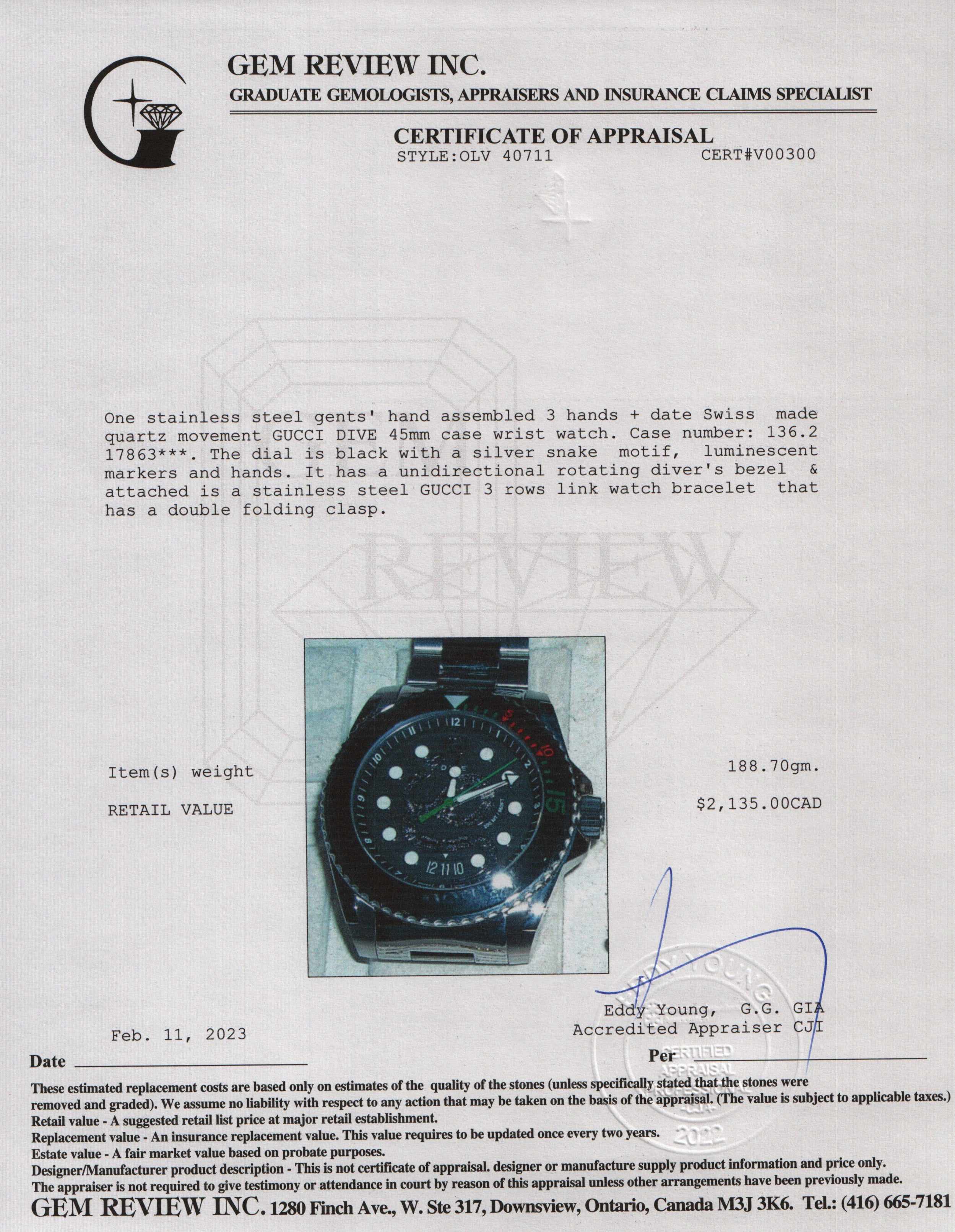 Gucci Dive Watch, 45mm w/ Box & Papers