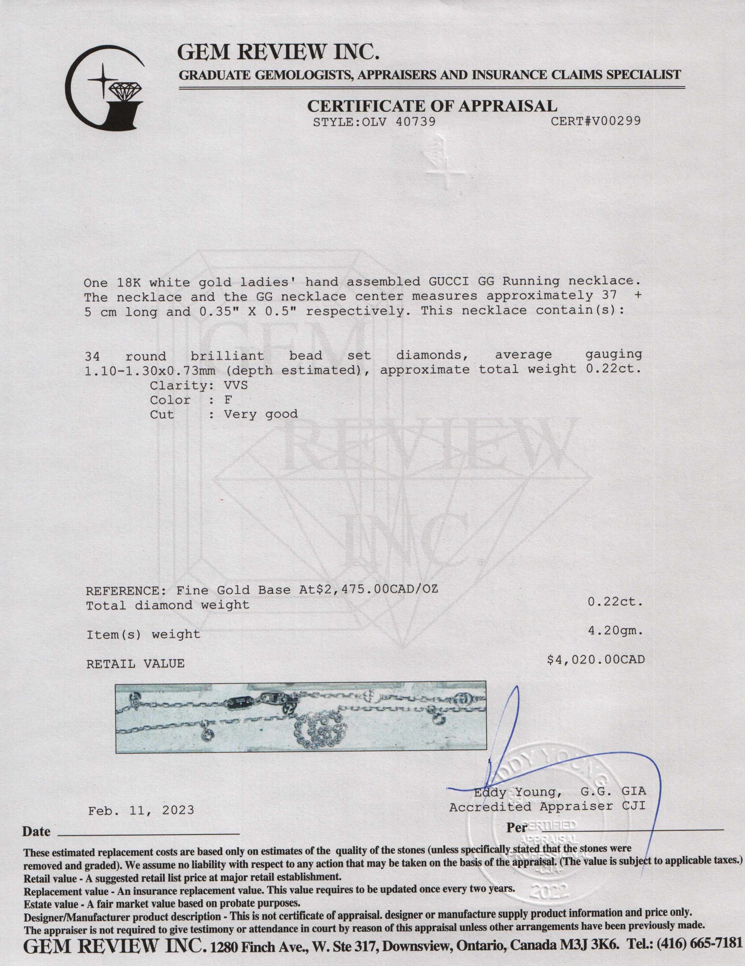 Gucci 18k White Gold GG Running Necklace with Diamonds