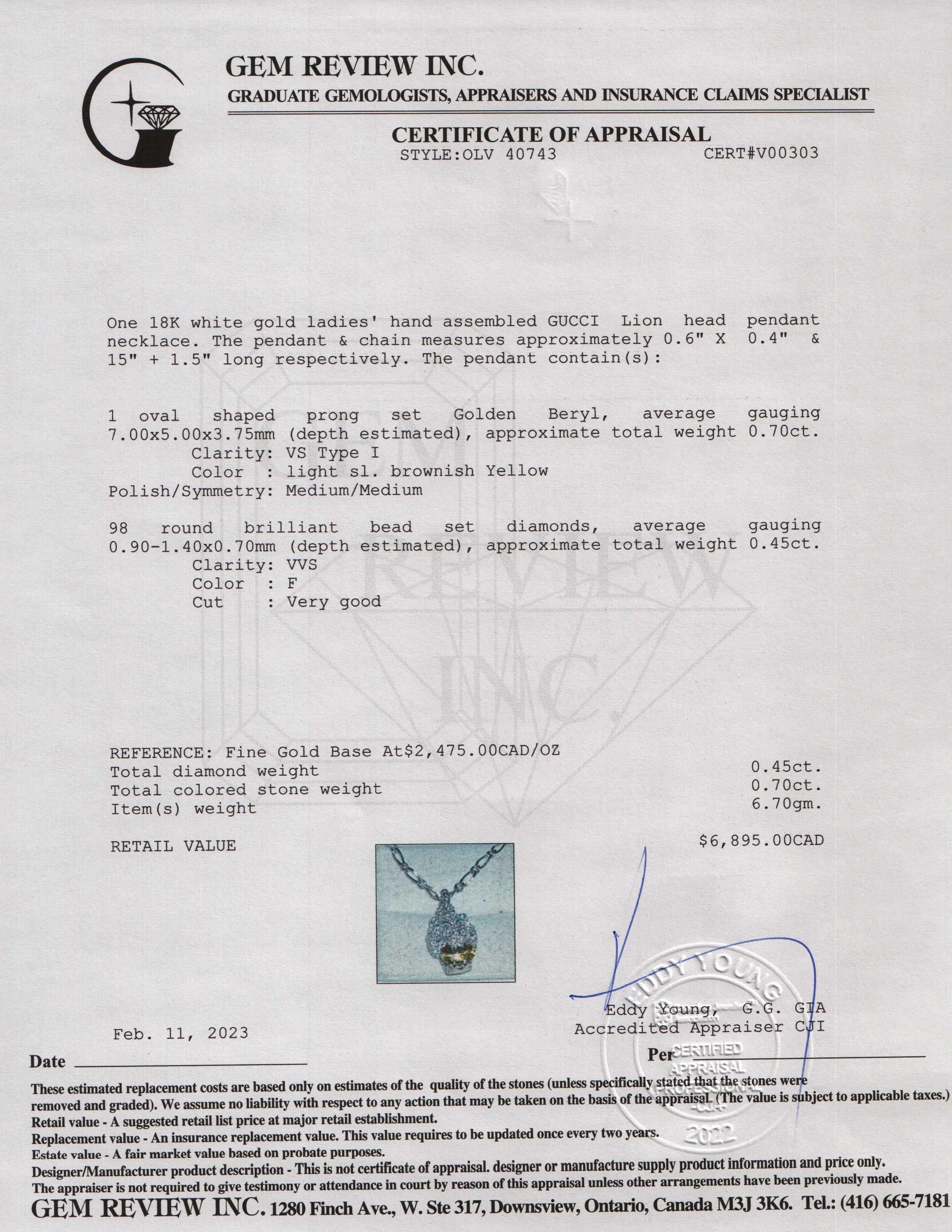 Gucci 18k White Gold Lion Head Pendant Necklace with Diamonds & Yellow Beryl