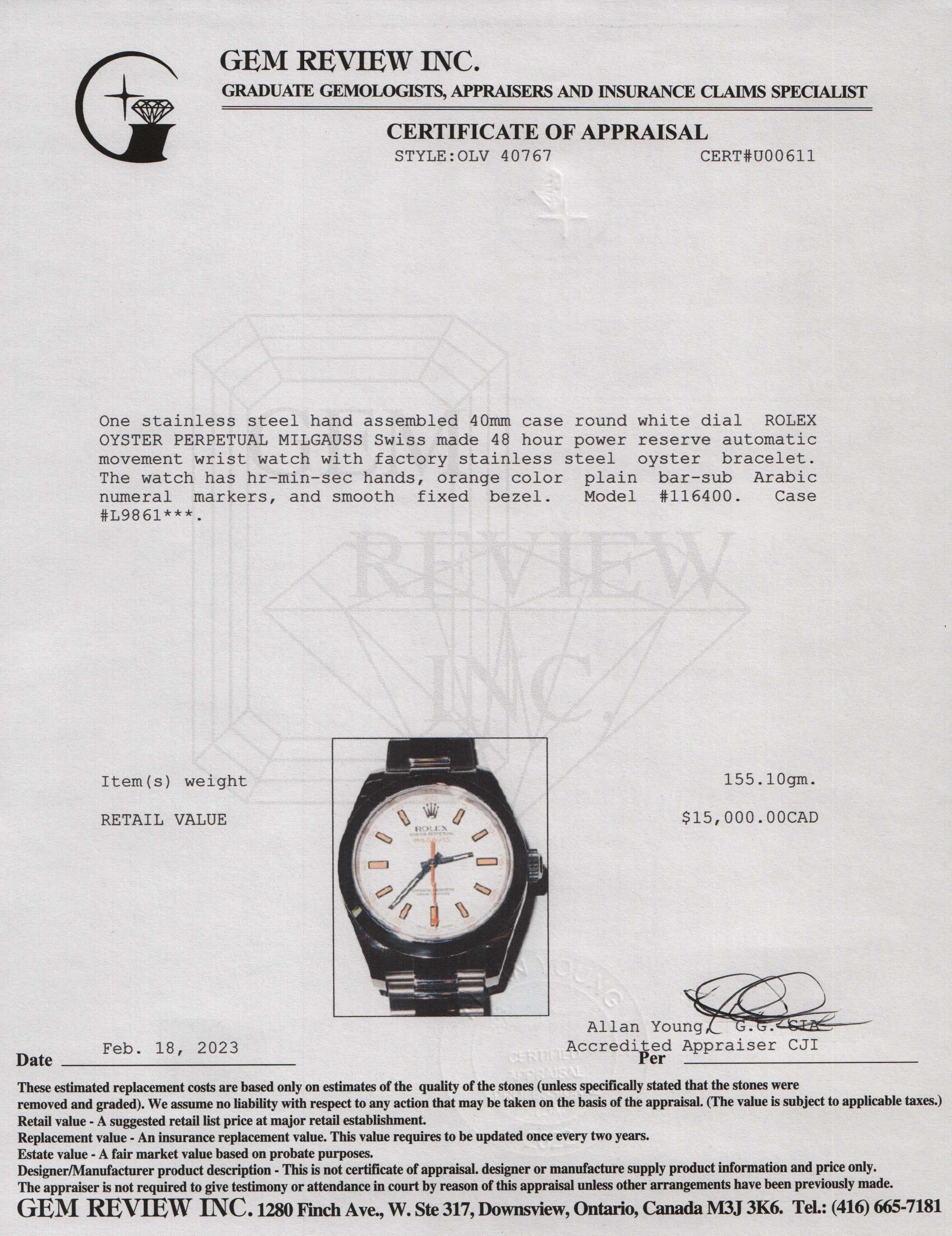 Rolex Oyster Perpetual Milgauss Watch w/ Box & Papers