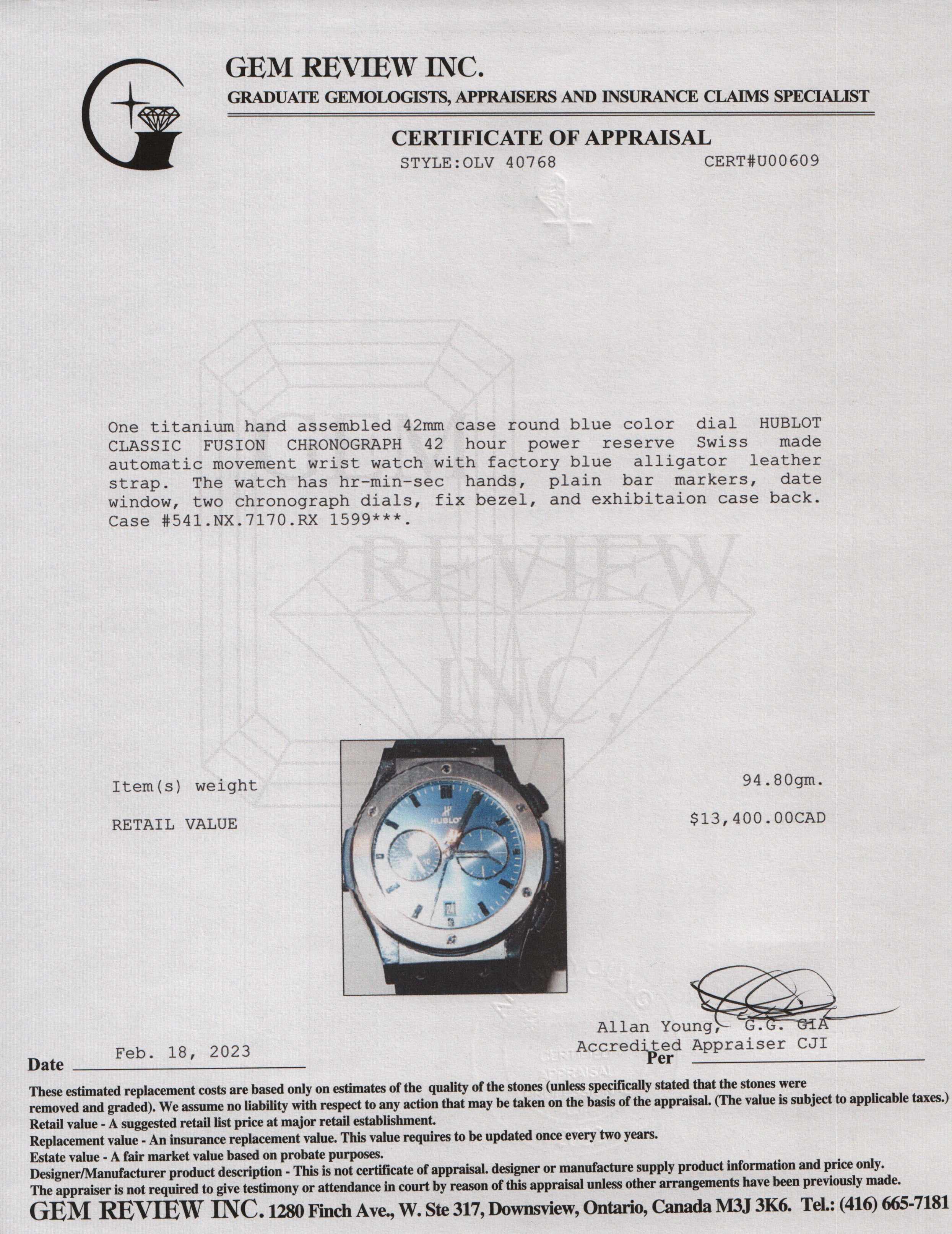 Hublot Titanium Classic Fusion Chronograph 42 MM Watch w/ Box, Card & Extra Strap