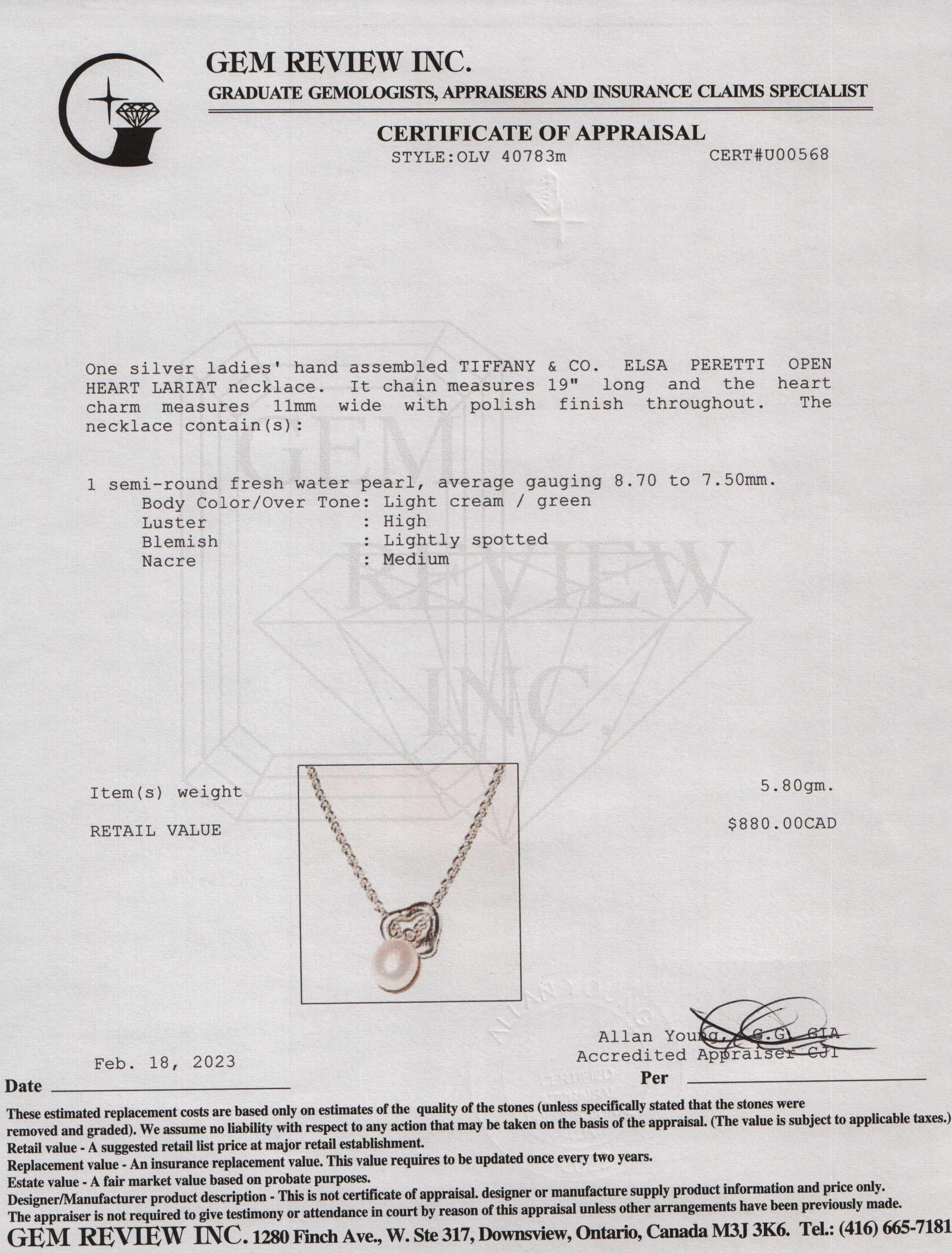 Tiffany & Co. Elsa Peretti Open Heart Lariat Necklace