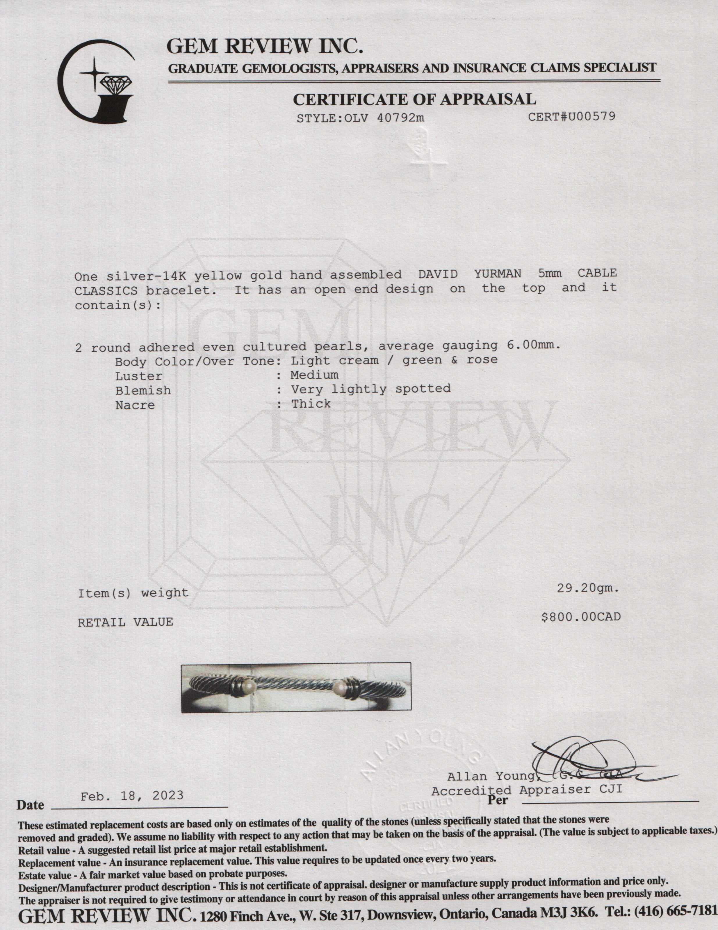 David Yurman Two-Tone 5mm Cable Classics Bracelet with Pearls