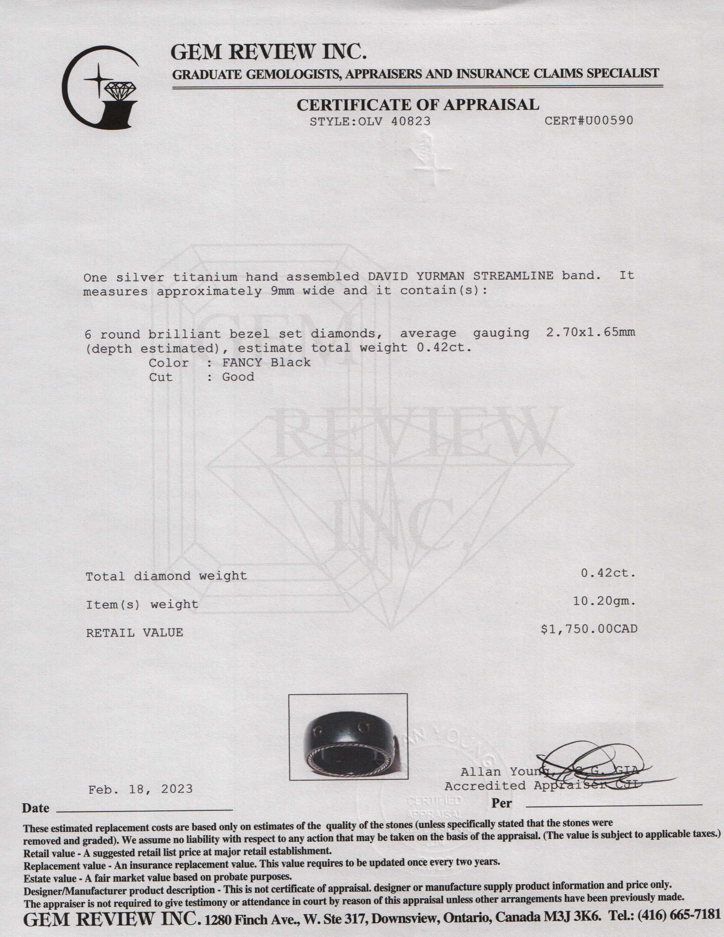 David Yurman Black Titanium Streamline Band Ring with Black Diamonds