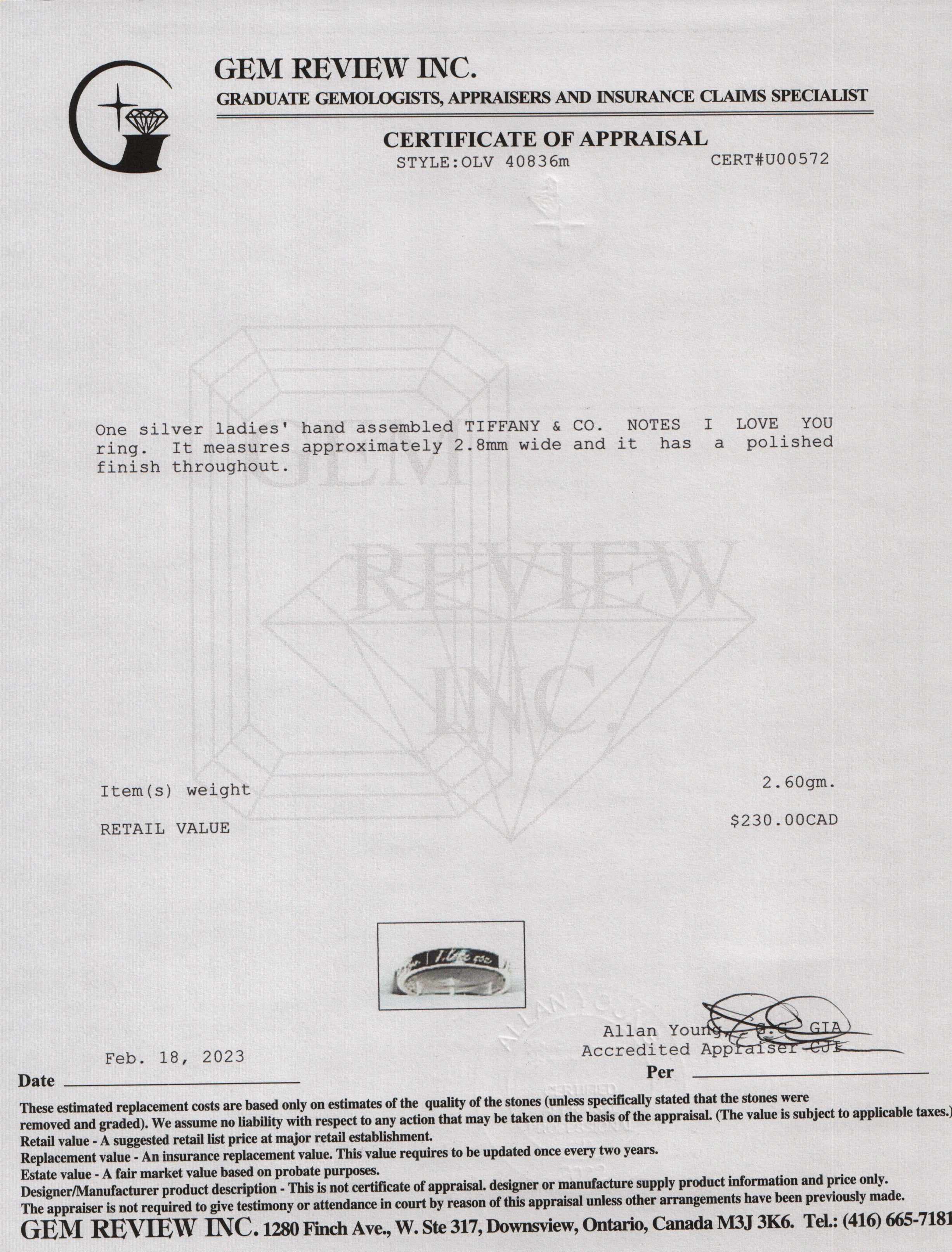 Tiffany & Co. Notes "I Love You" Ring