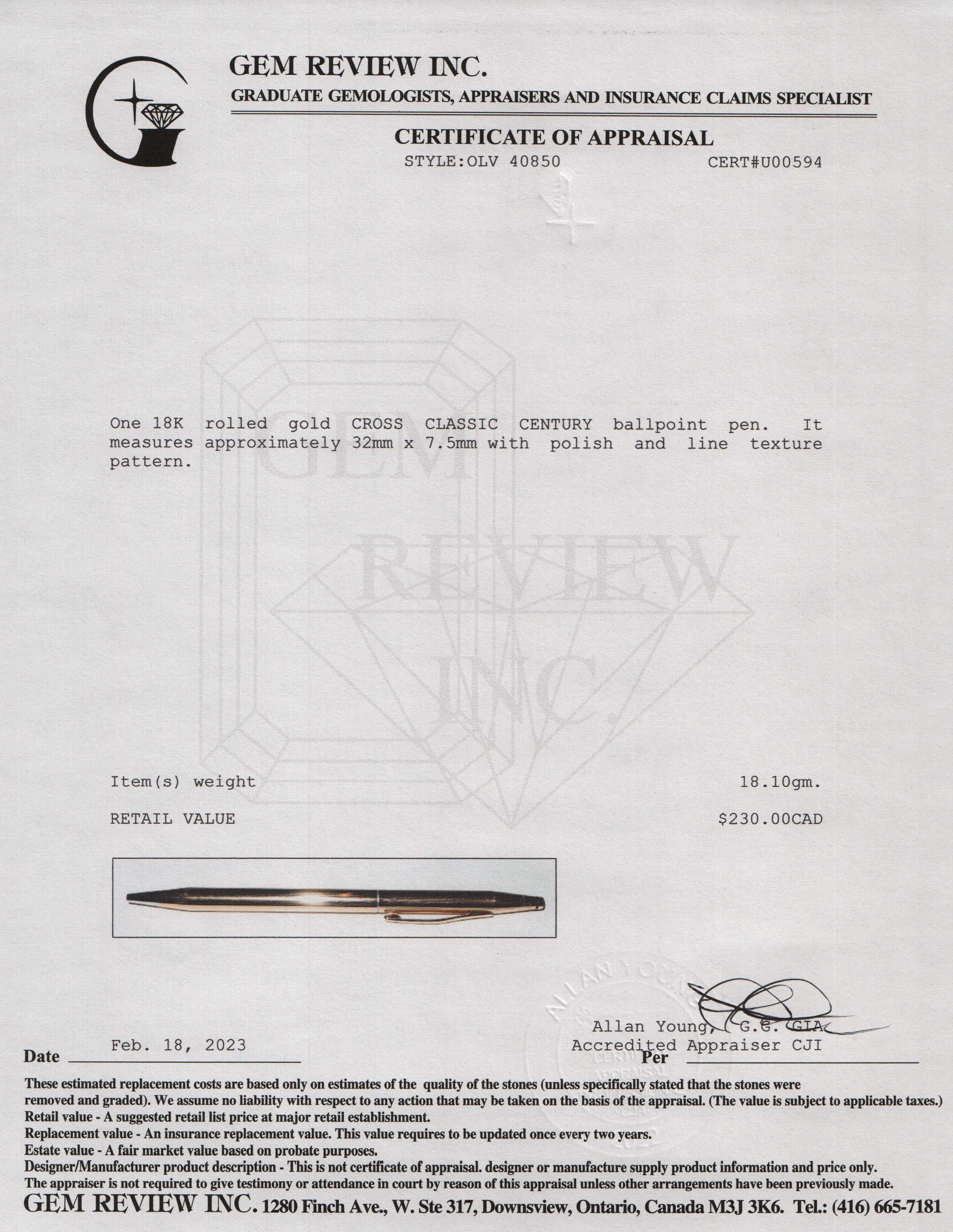 Cross 18k Rolled Gold Classic Century Ballpoint Pen w/ Box