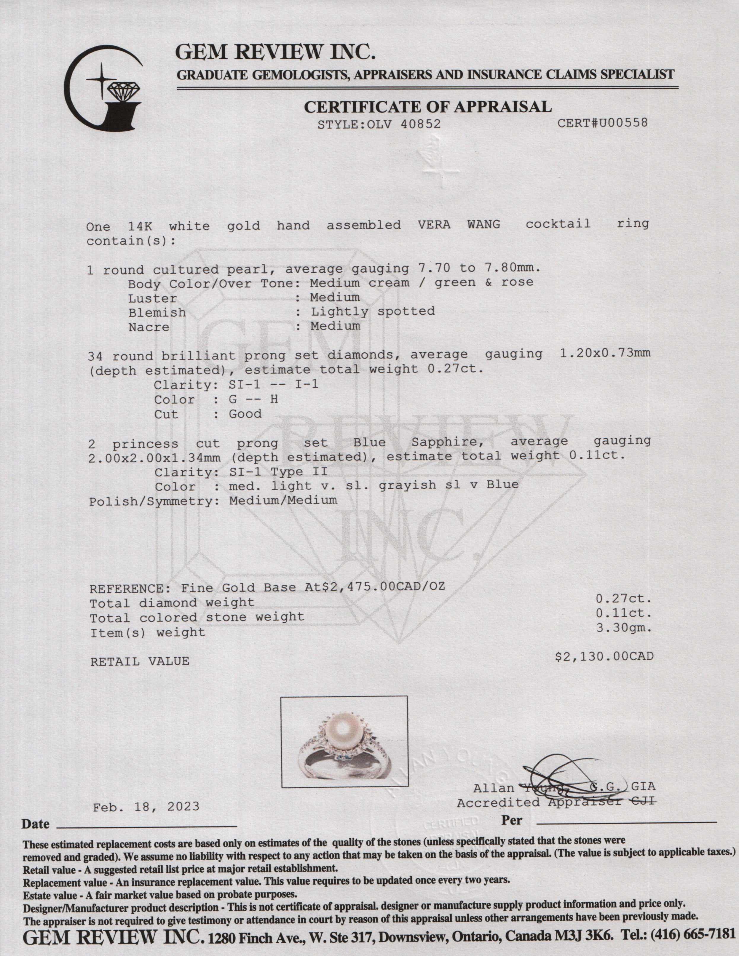 Vera Wang 14k White Gold Pearl & Diamond Cocktail Ring