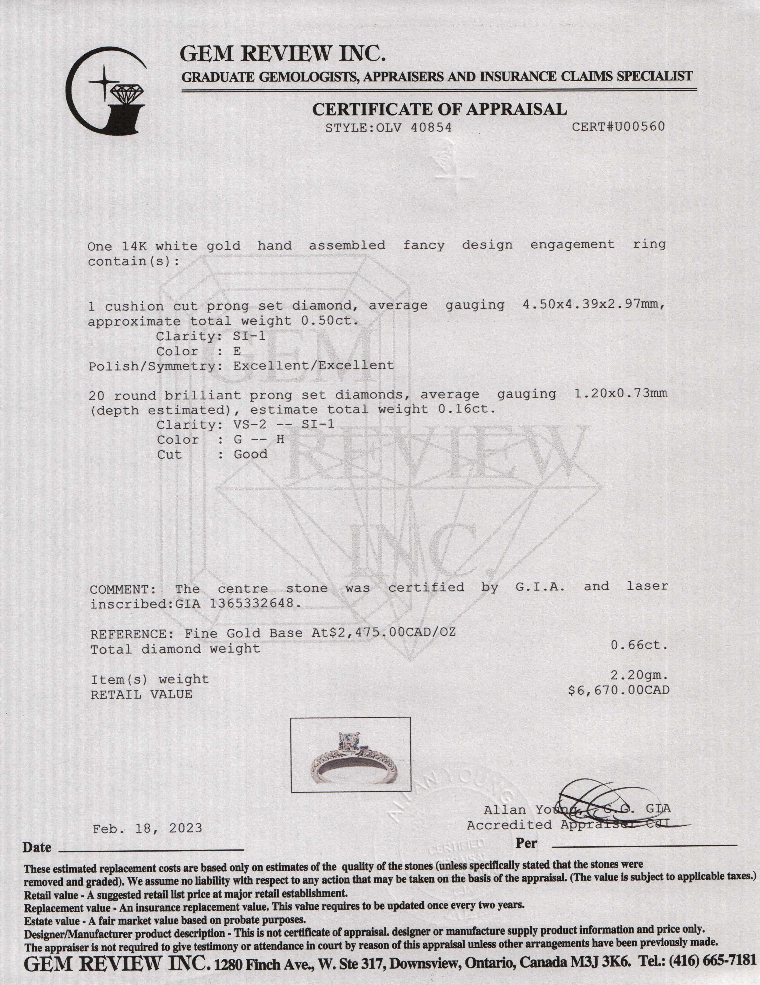 14k White Gold 0.50 ct. Cushion Cut Diamond Engagement Ring w/ GIA Diamond Certificate