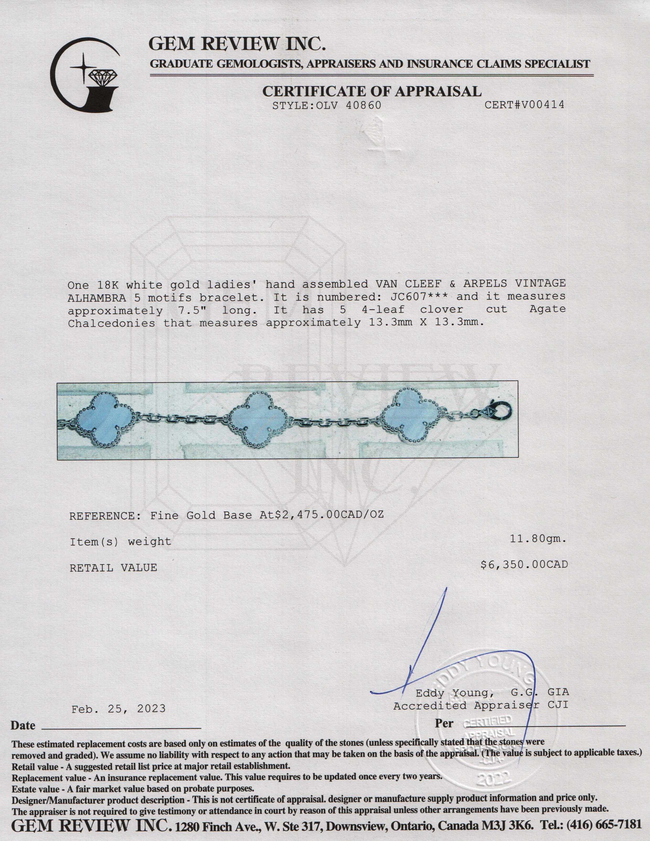 Van Cleef & Arpels 18k White Gold 5 Motifs Vintage Alhambra Bracelet w/ Box & Certificate