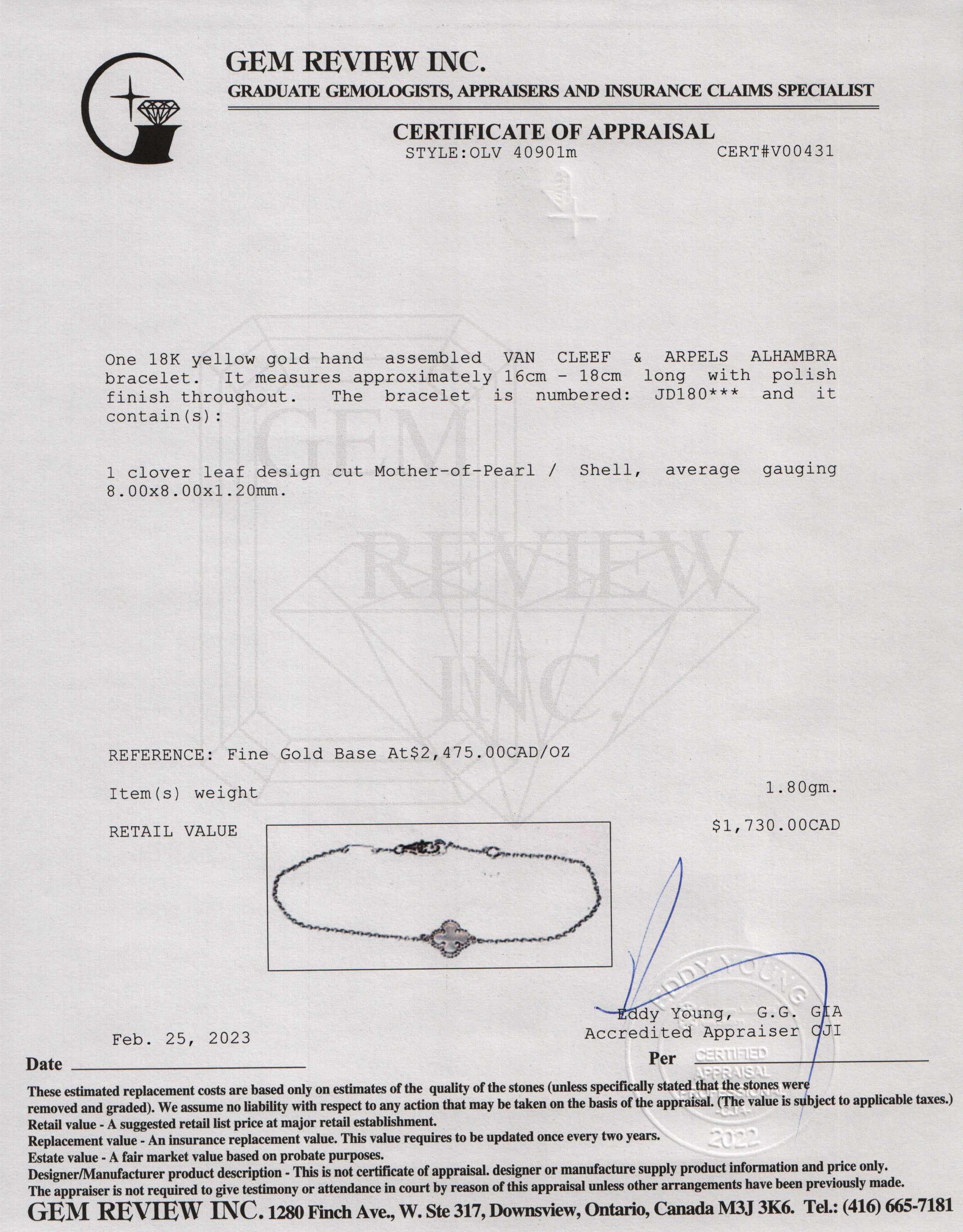 Van Cleef & Arpels 18k Yellow Gold Sweet Alhambra Mother of Pearl Bracelet w/ Box