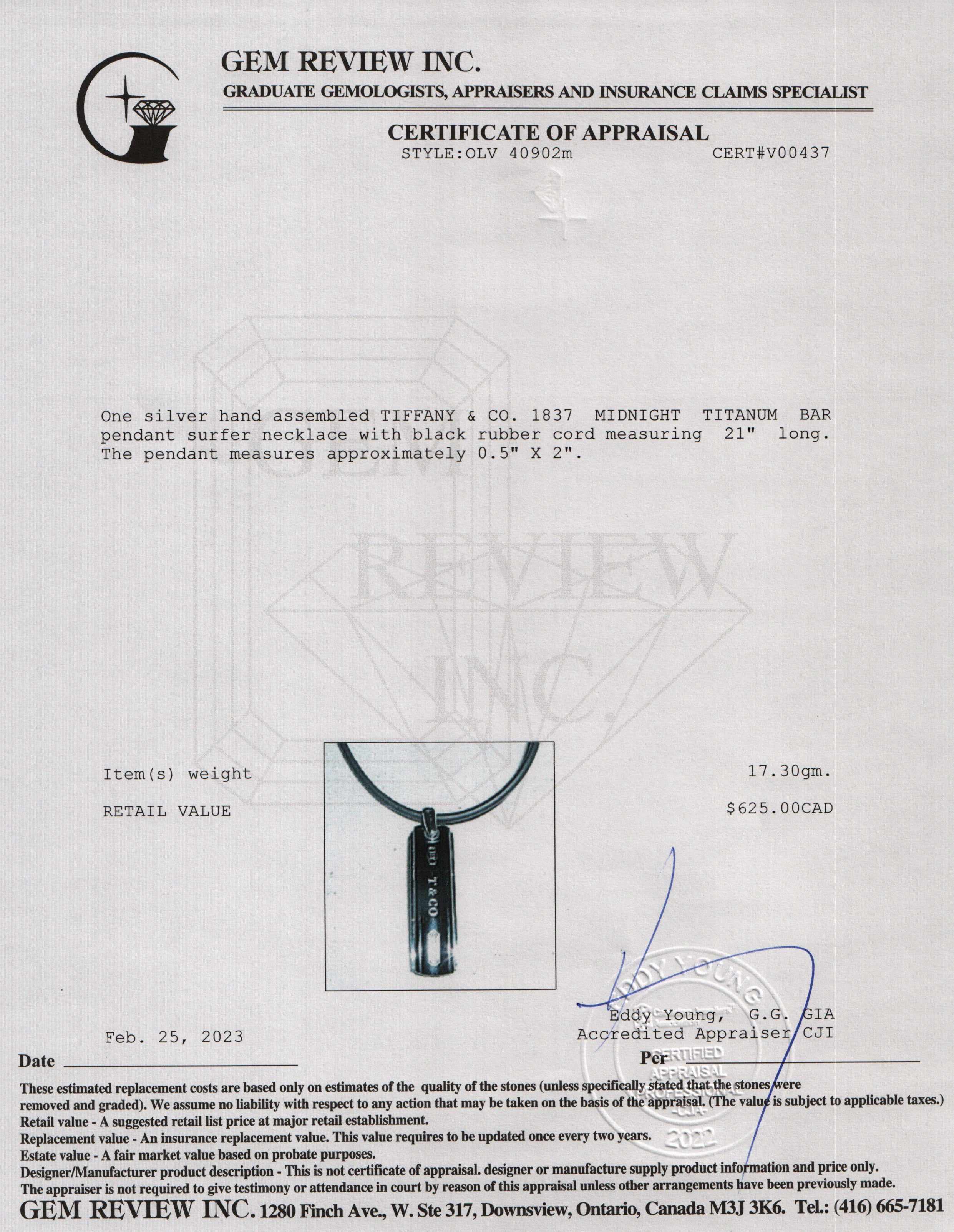 Tiffany & Co. 1837 Midnight Titanium Bar Pendant Necklace