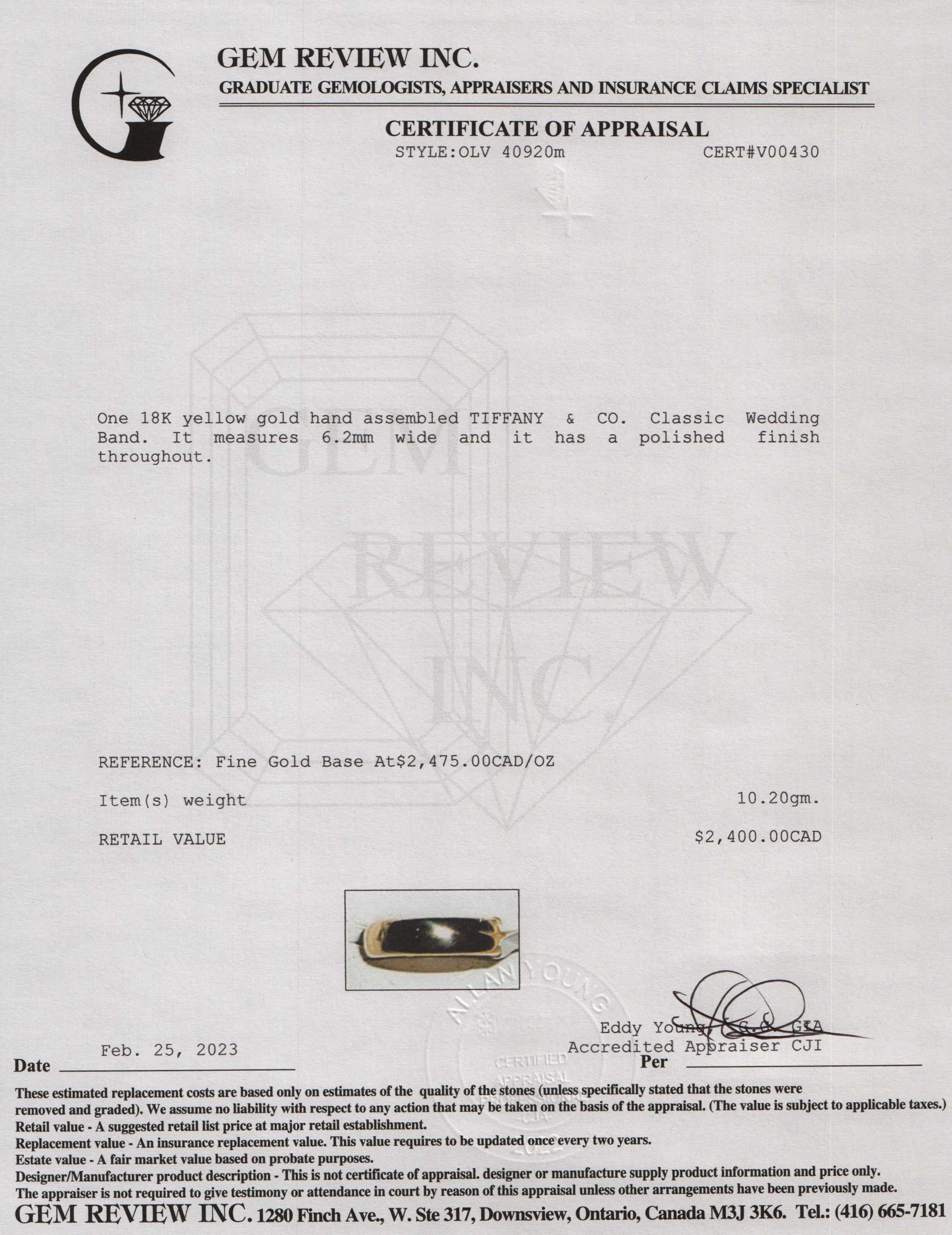 Tiffany & Co. Classic Wedding Band Ring, 6mm