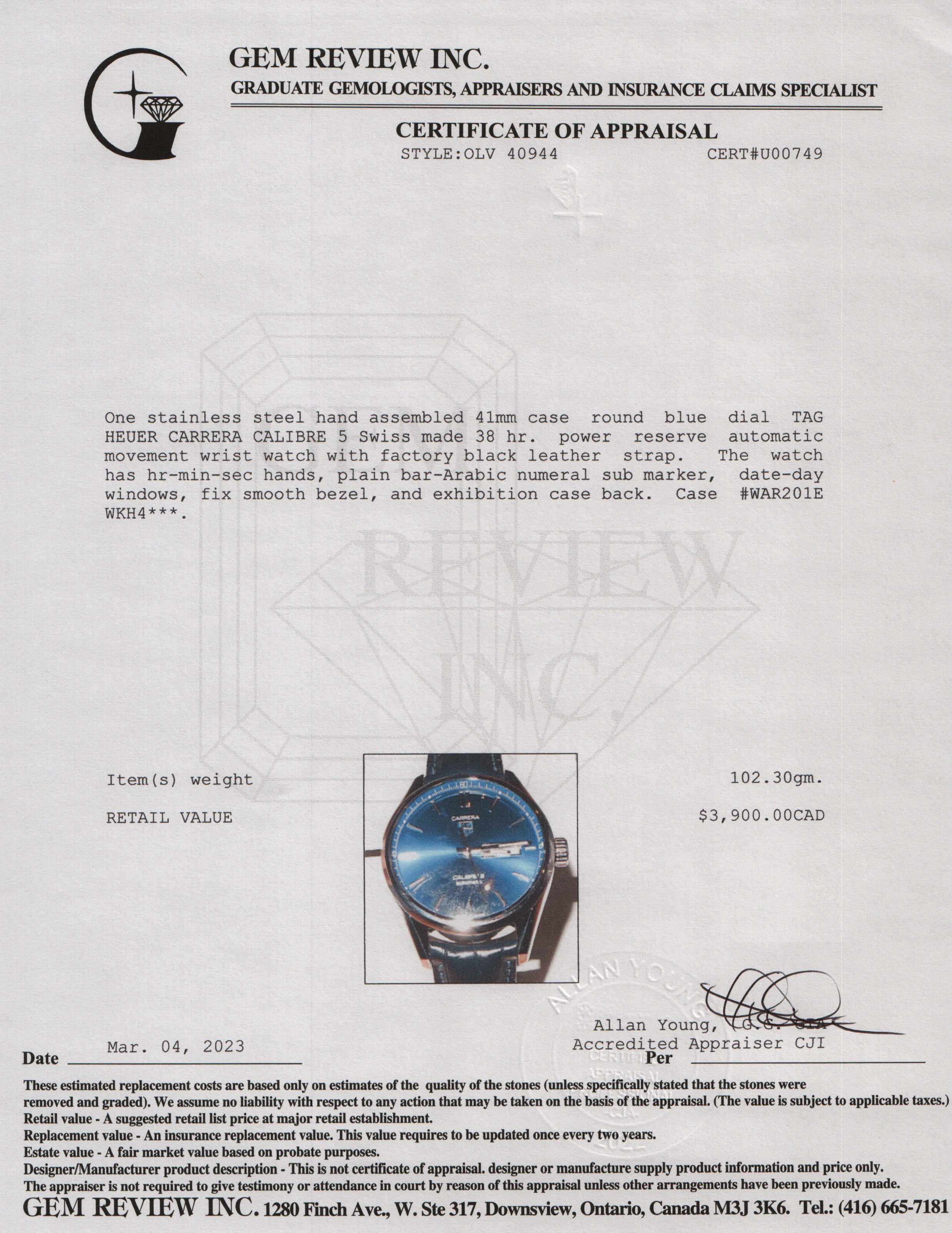 Tag Heuer Carrera Calibre 5 Day Date Automatic Watch