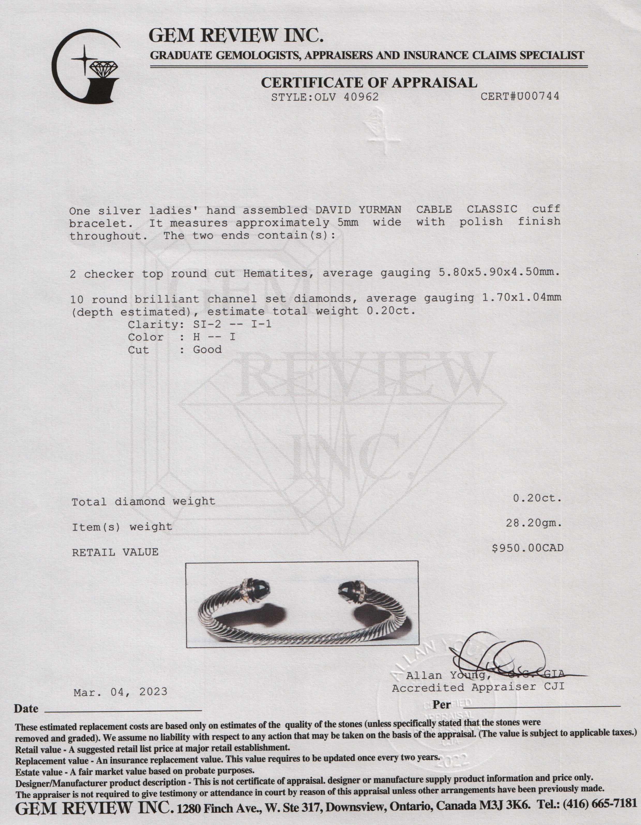 David Yurman 5 mm Cable Classics Bracelet with Hematite & Diamonds