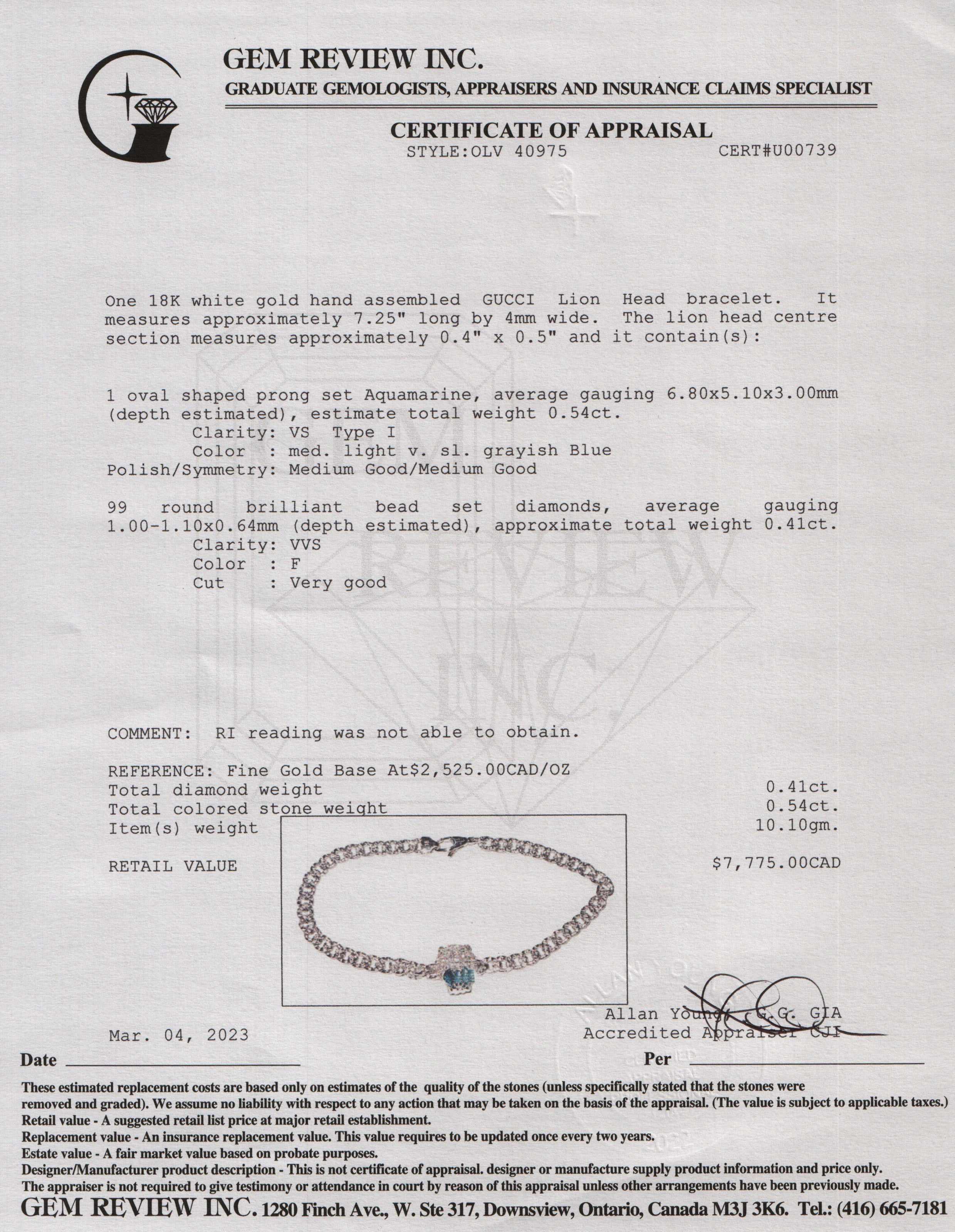 Gucci 18k White Gold Lion Head Bracelet with Aquamarine & Diamonds