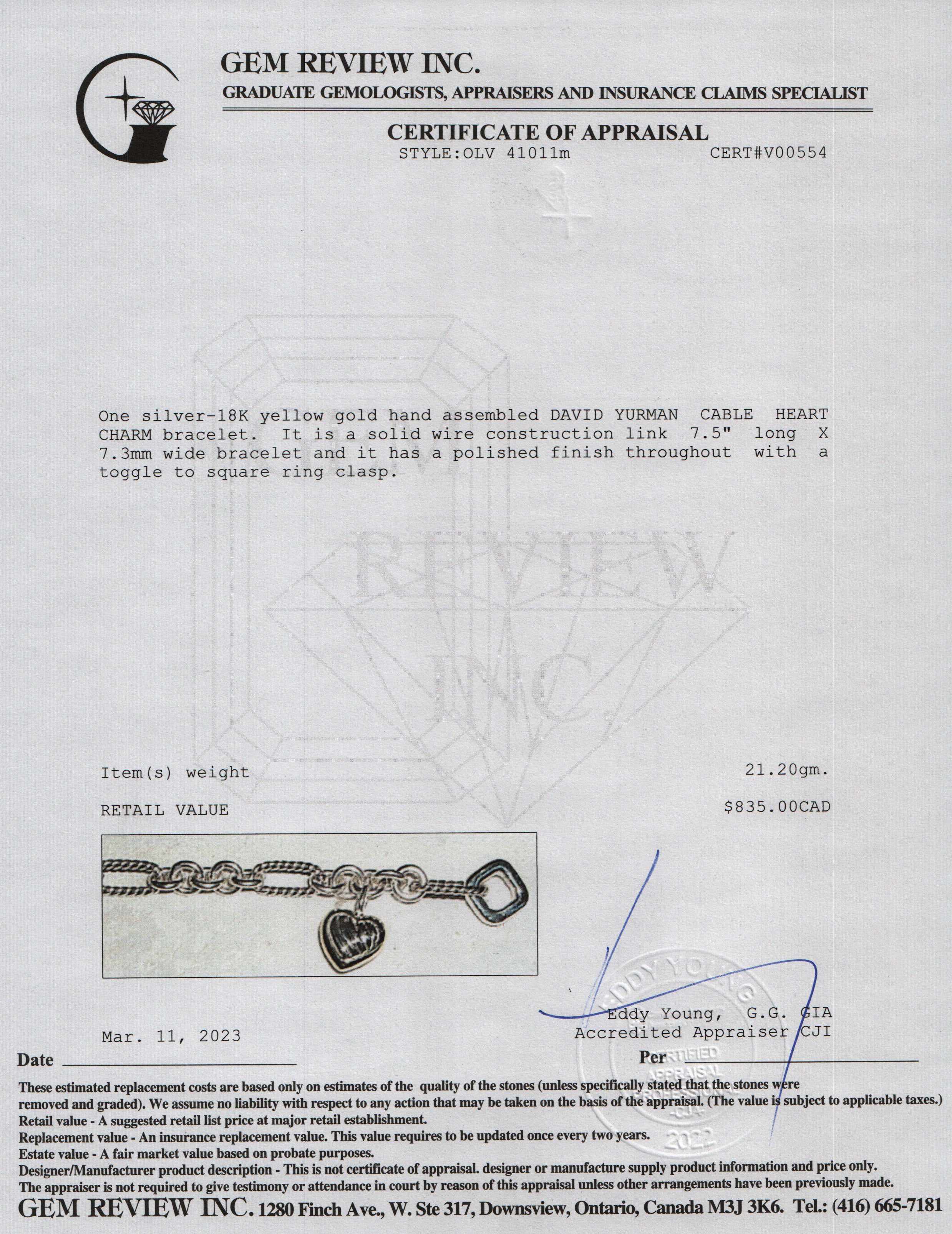 David Yurman Two-Tone Cable Heart Charm Bracelet