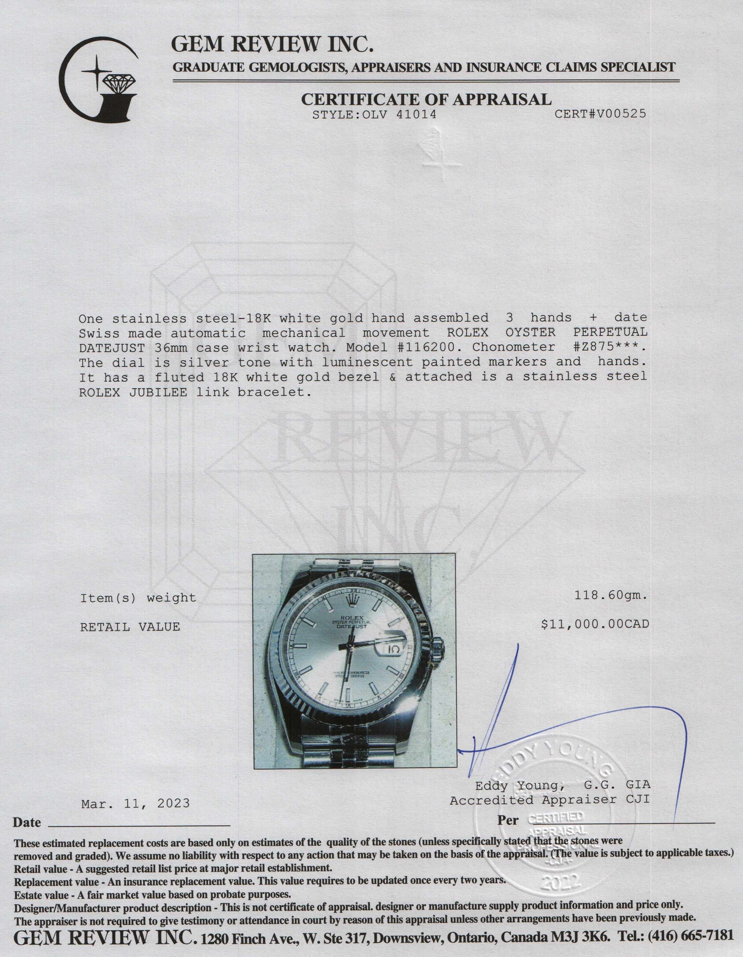 Rolex Datejust 36 mm Watch w/ Box, Papers & Extra Bezel