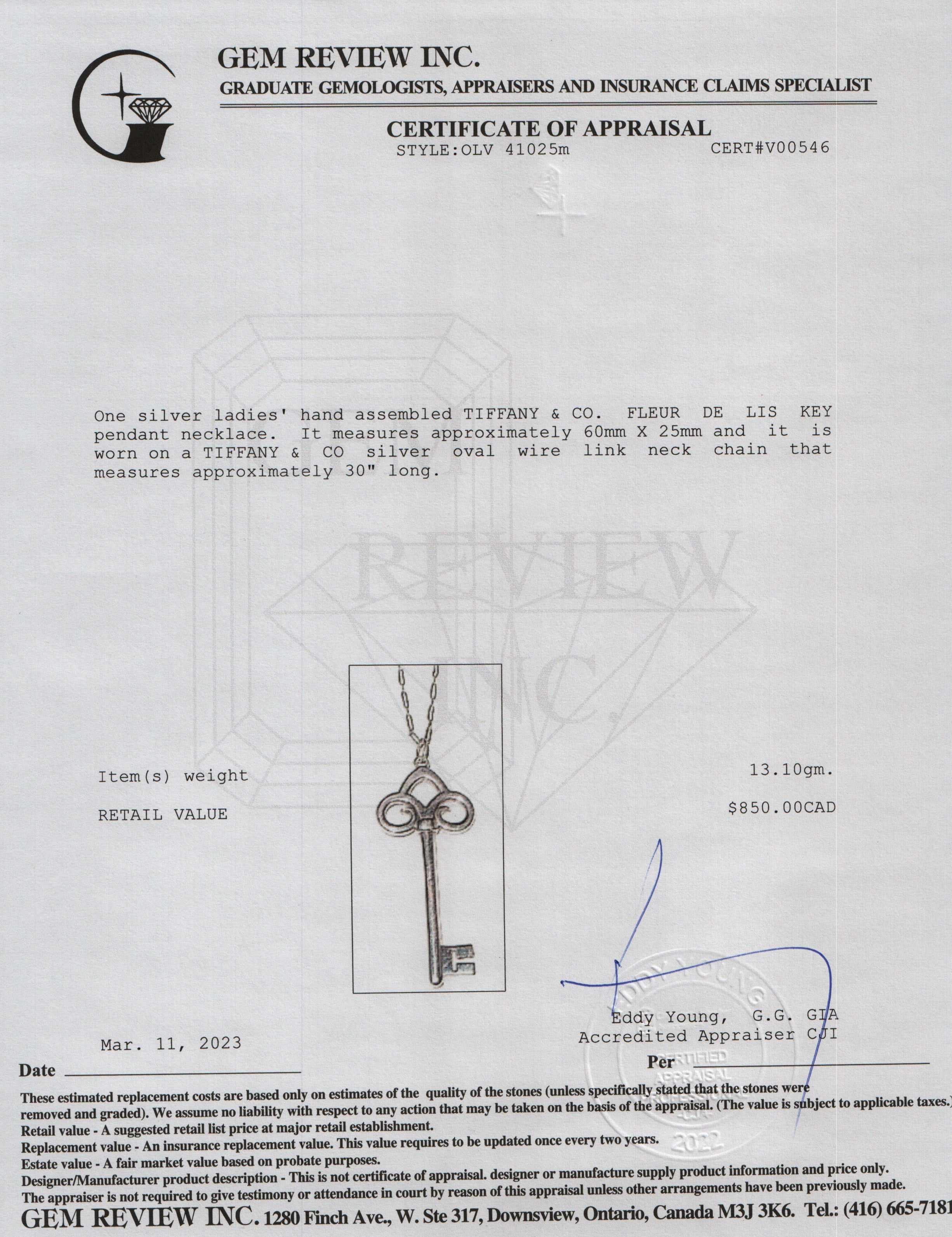 Tiffany & Co. Large Fleur De Lis Key Pendant Necklace