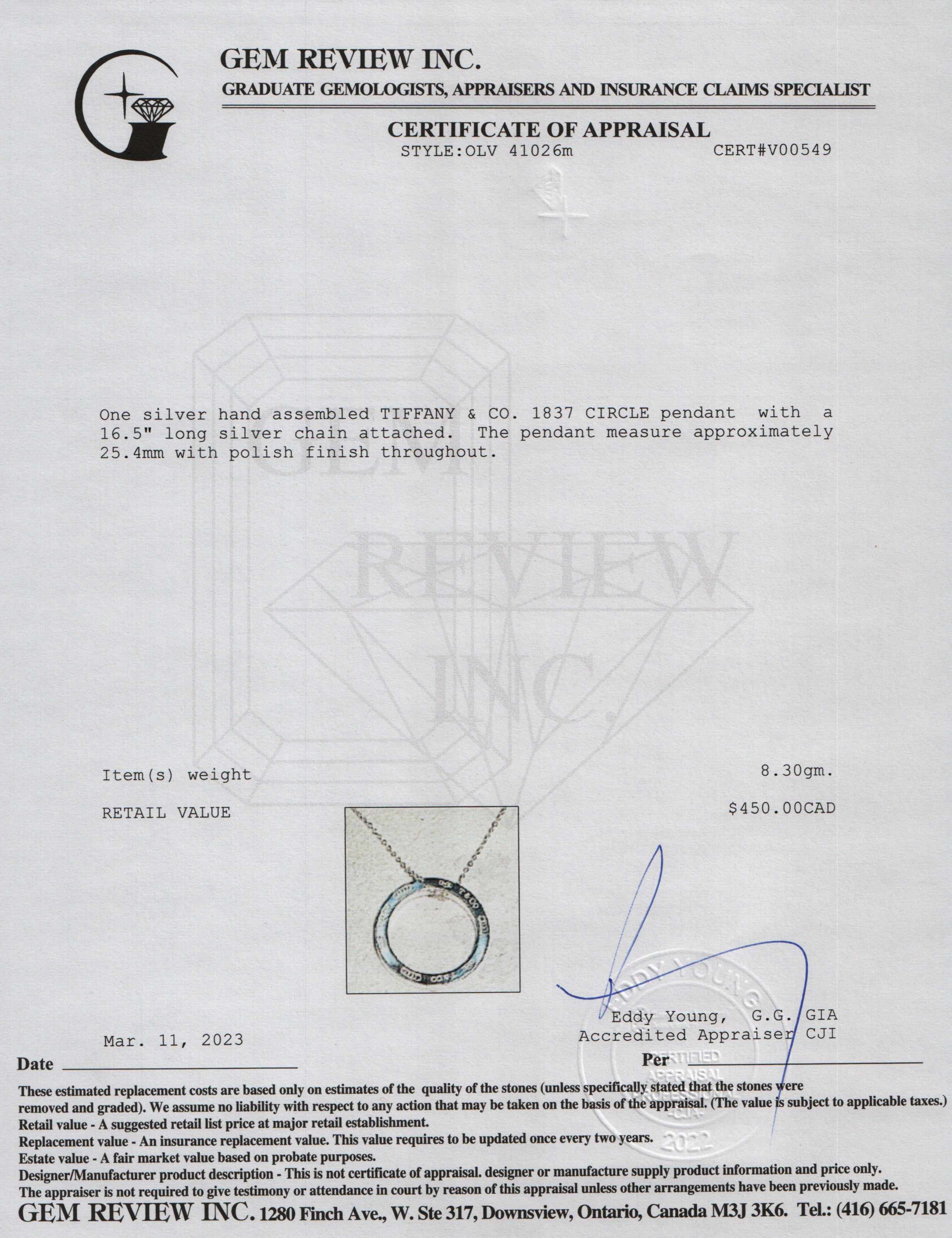 Tiffany & Co. Large 1837 Circle Pendant Necklace