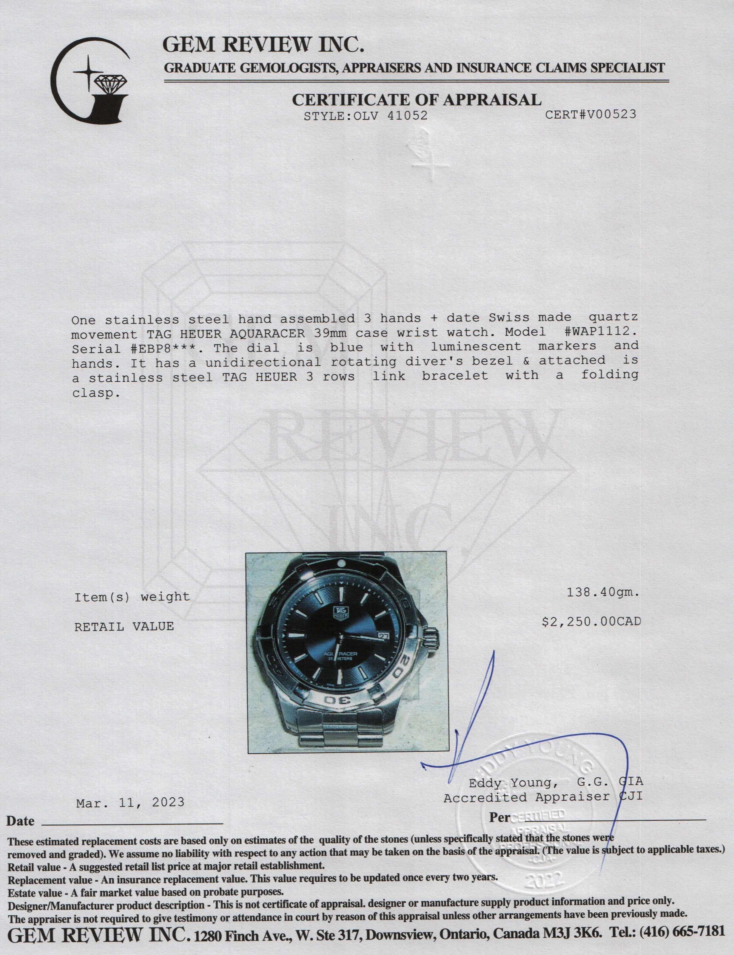 Tag Heuer Aquaracer Watch w/ Box