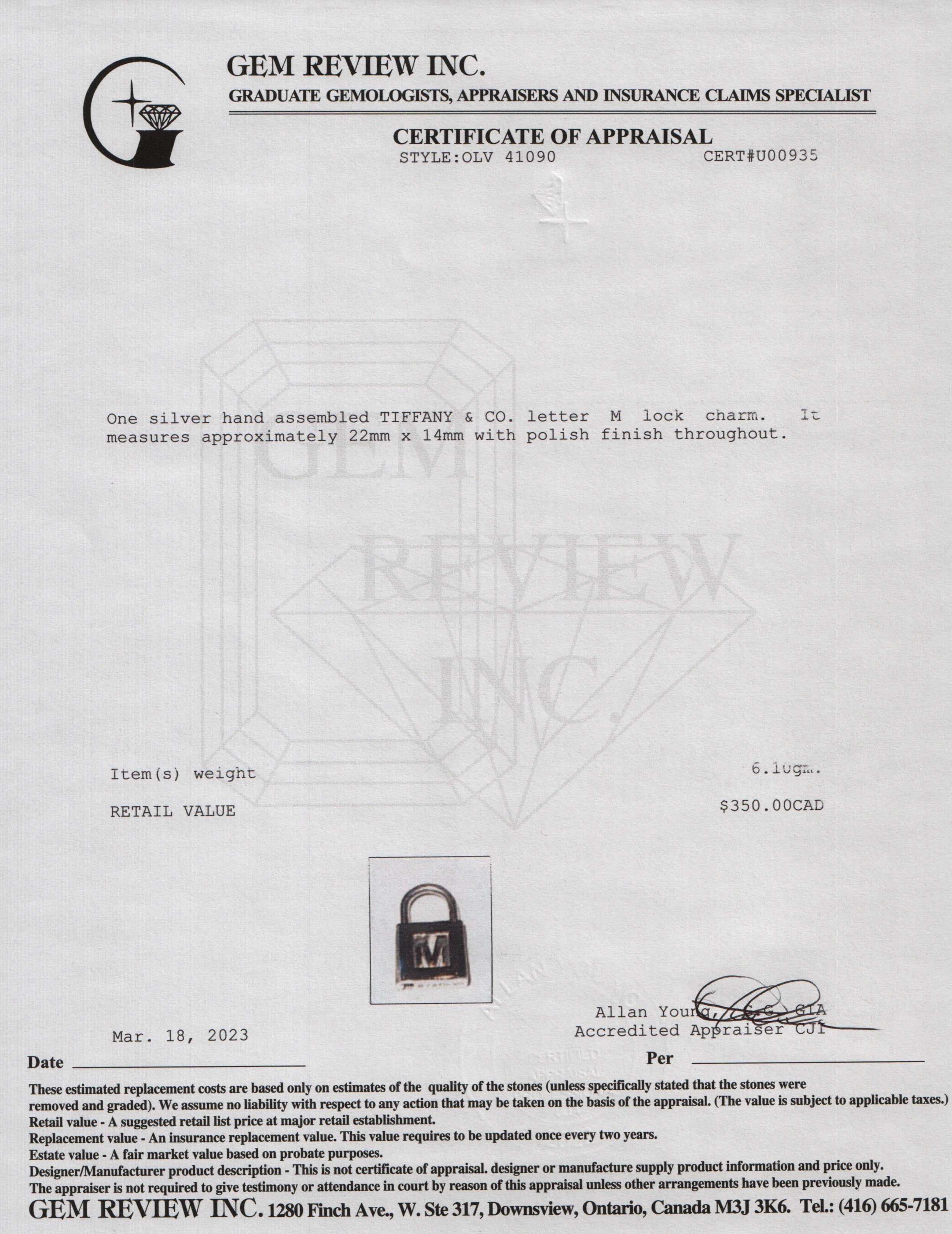 Tiffany & Co. 'M' Letter Lock Charm