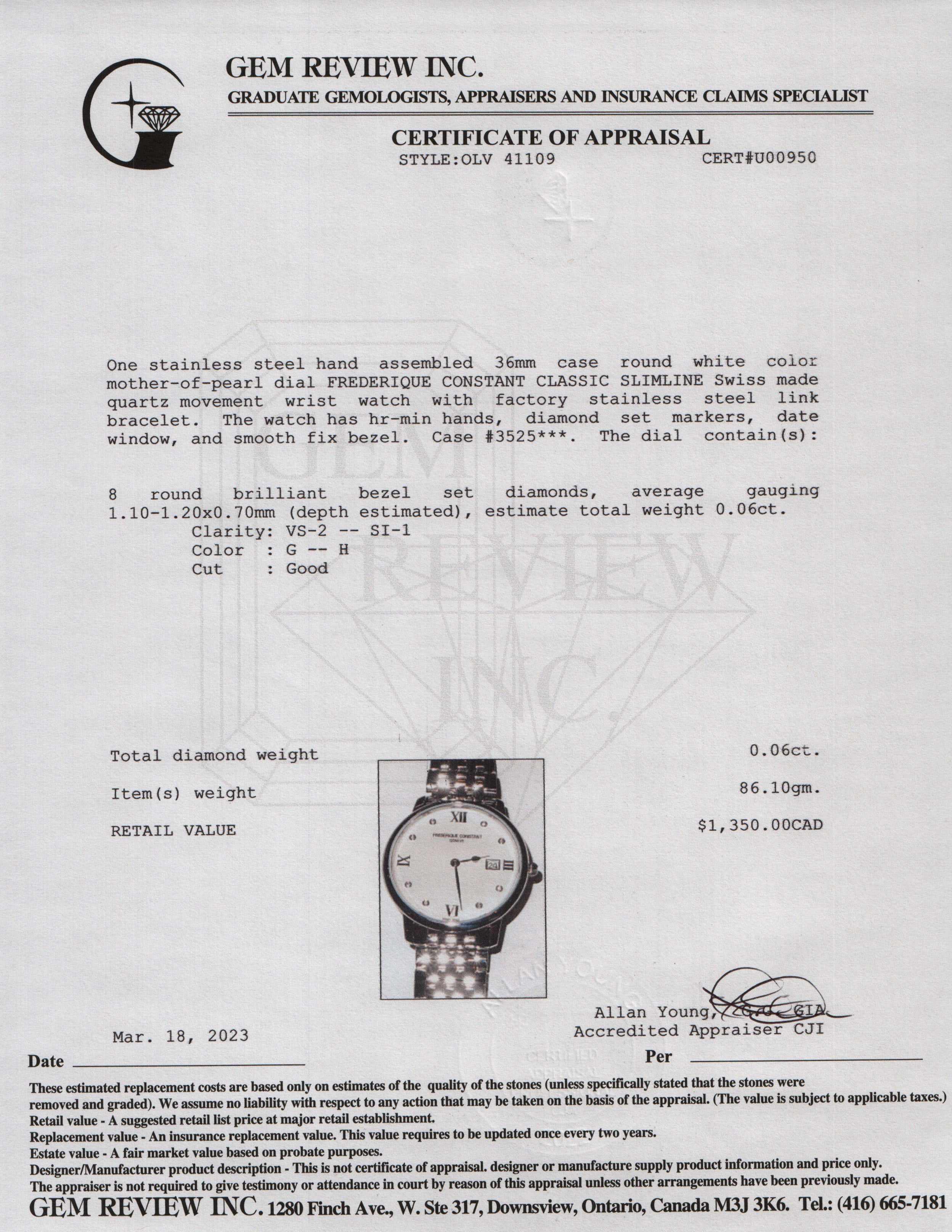 Frederique Constant Classic Slimline Diamond Watch w/ Box